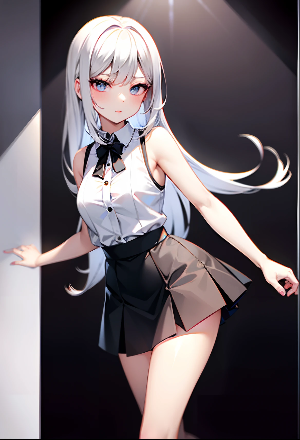 best quality, ultra high res, 1girl, sleeveless white button shirt, black skirt, black choker, cute, (Kpop idol), (aegyo sal:1), (platinum blonde hair:1), ((puffy eyes)), looking at viewer, full body, facing front