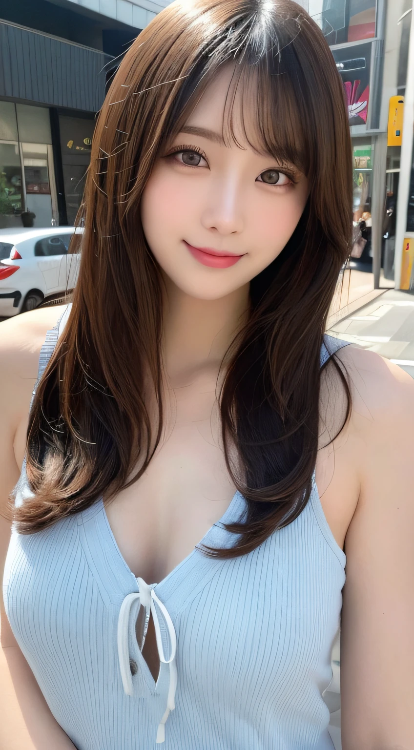 masutepiece, Best Quality, Illustration, Ultra-detailed, finely detail, hight resolution, 8K Wallpaper, Perfect dynamic composition, Beautiful detailed eyes, Women's Fashion Summer,Medium Hair,Small breasts natural color lip, Bold sexy poses,Smile,Harajuku、20 years girl、Cute、Sexy shot looking at camera