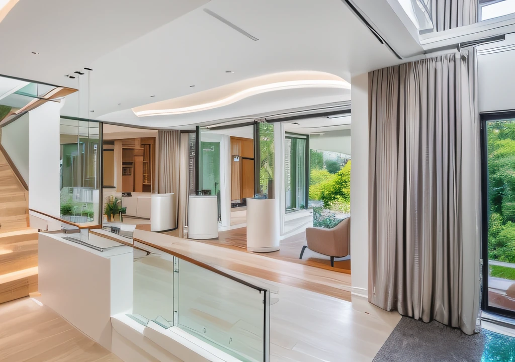 RAW photo,Masterpiece,high quality,best quality,authentic,super detail, interior (Aluminum glass door showroom) ((Modern minimalist lines:1.2)),railing glass,glass windows,trees, (high detailed :1.2),8k uhd,dslr,spot lighting,high quality,photography shot with Leica CL with Leica Summilux-TL 35mm f-1.4 ASPH,