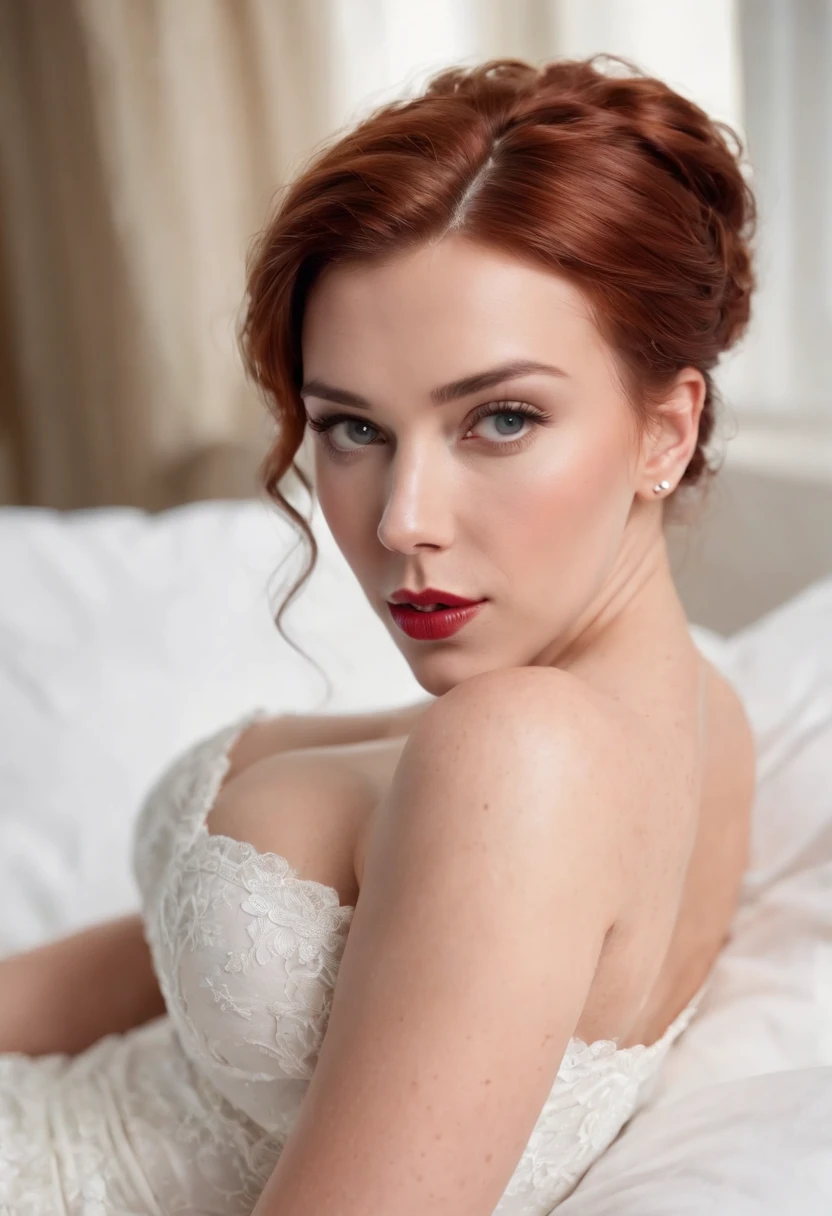 photo of scarlet johansson, beautiful woman hair updo upsweep, red head, laying in bed (spreading legs), (full body:1.3), sexy figure, (big boobs:1.3), (laced stockings),(masterpiece) (best quality) (detailed) (8k) (HDR) (wallpaper) (cinematic lighting) (sharp focus) (intricate)