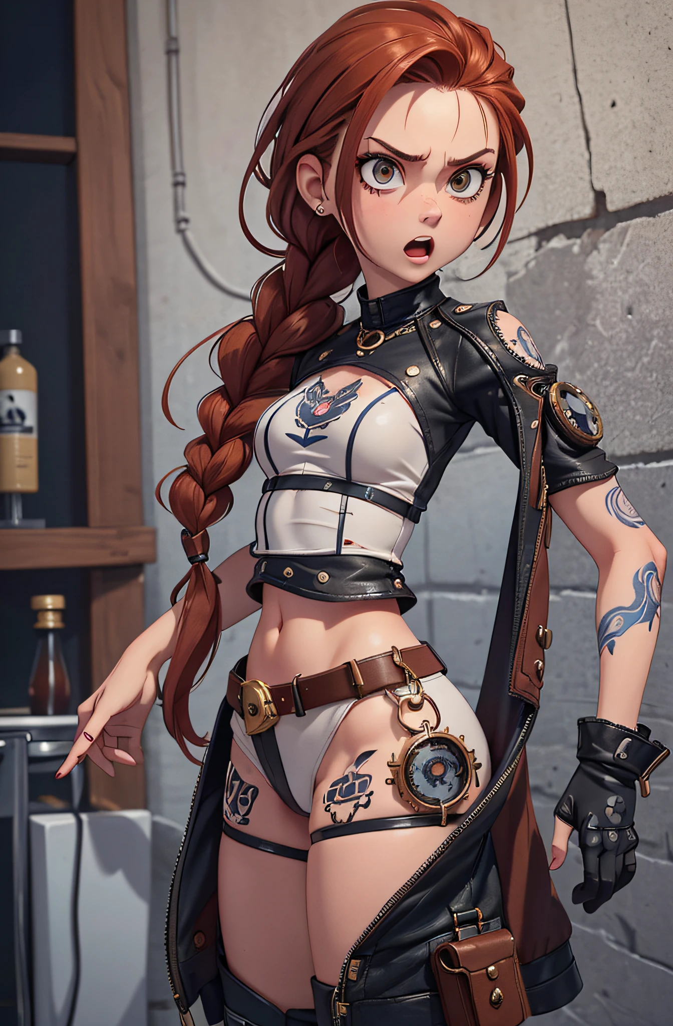 an steampunk girl at a party, (white crop top:1.2), small breast, black and blue leather, tattoo, hyper detailed, ultra sharp, long auburn hair in braids, 8k, (insanely detailed:1.5), full body photograph, 20 megapixel, canon eos r3, detailed skin, pale skin