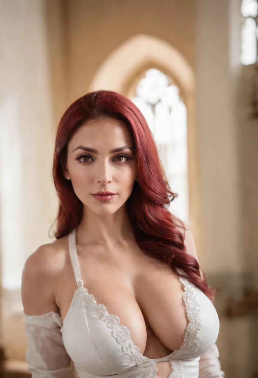 (((Huge breasts, cleavage exposed))) latina, woman around 50 years old, dyed ruby red hair, distinctive hazel eyes, wearing church clothes, thicc and seductive, beautiful, candlelight in a church setting, ultra sharp focus, realistic shot, churchfemale clothes, tetradic colors (breasts:1.4),sweat drops on her chest