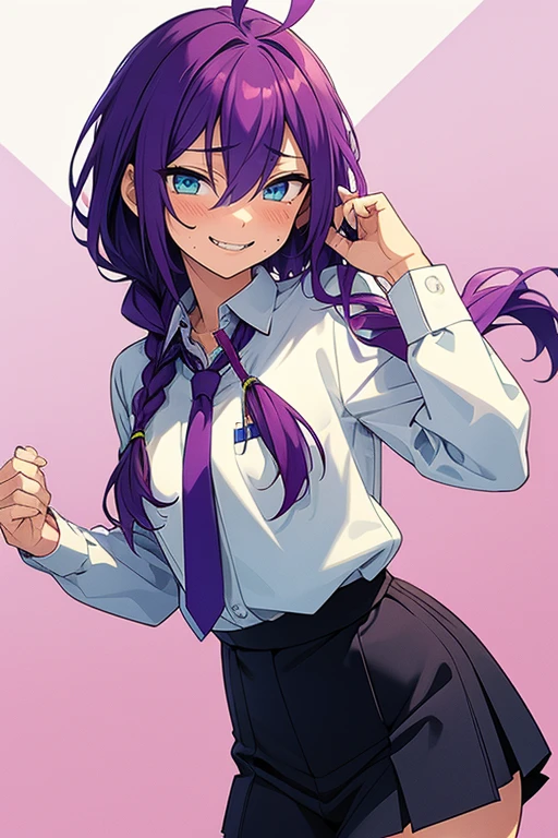 long hair, mole under mouth, purple hair, single braid, hair between eyes, cyan eyes, sharp teeth, ahoge, 1girl, blush, smile, cowboy shot, white shirt, necktie