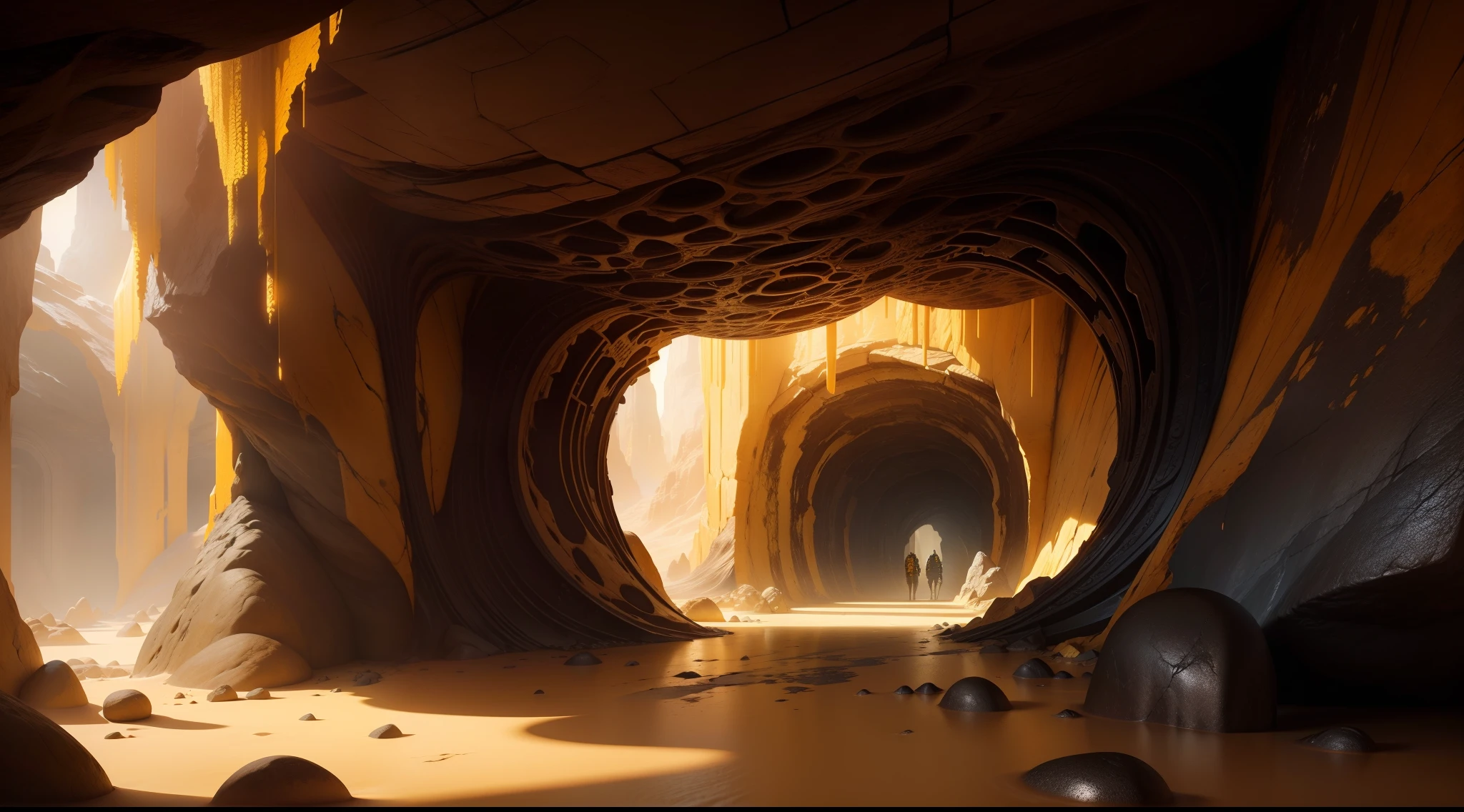 A vibrant, 4K ，underground cave, Intricate details and surreal feel，HD stone，Golden yellow tones