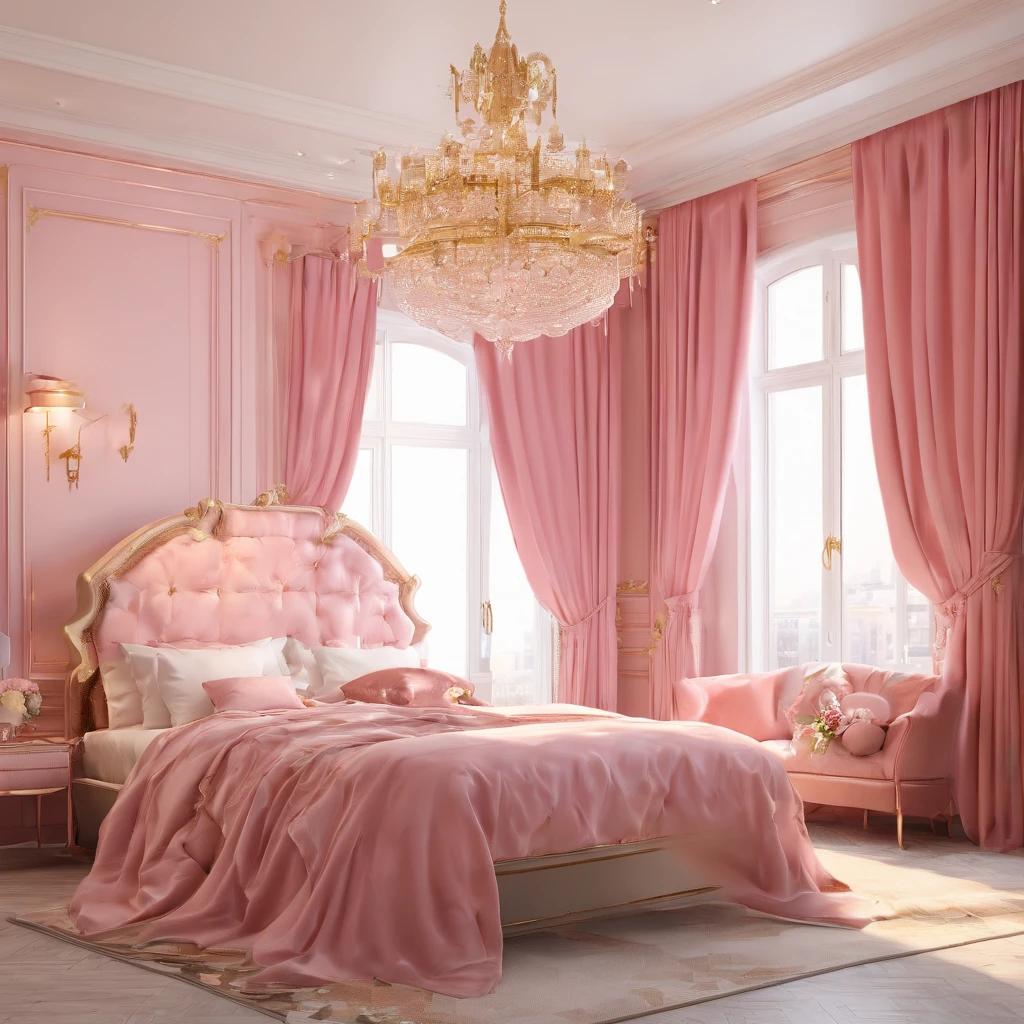 bright, day, French style, huge pink bedroom, curtains, ceiling, chandelier, window, worm's-eye view , as seen from the floor,