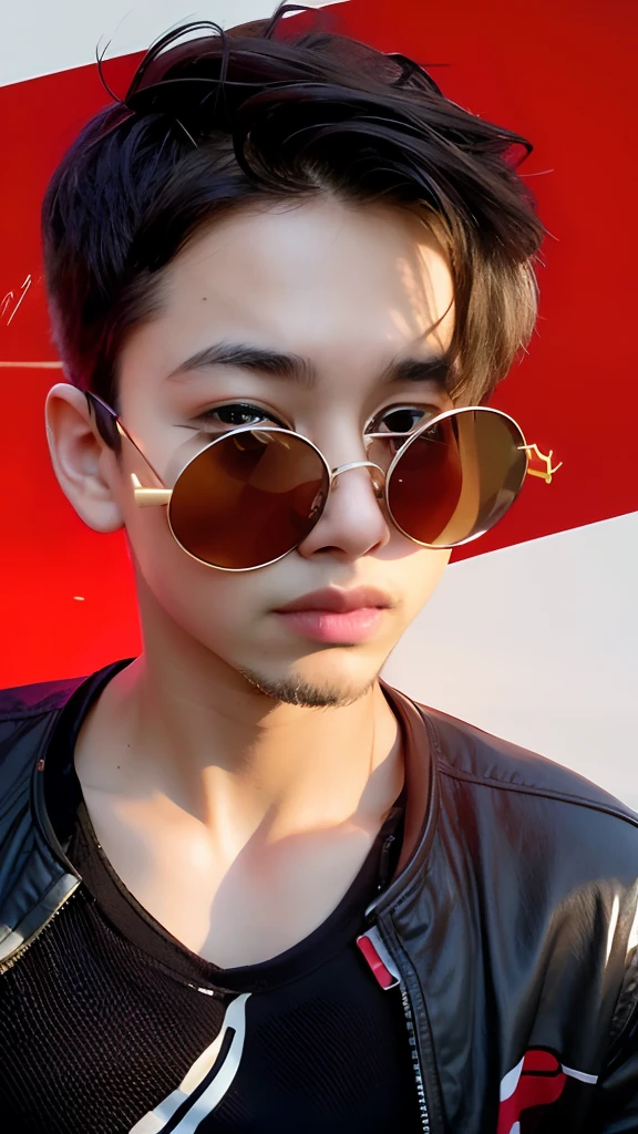 there is a young boy wearing sunglasses and a red shirt, with accurate face, with sunglass, good looking face, cool face, in sun glasses, sun glasses, with sunglasses, with round face, with mirrorshades sunglasses, harsh good looking face, sunglasses, round goggles, cool sunglasses, shades, portait photo profile picture, with lovely look, wearing cool sunglasses