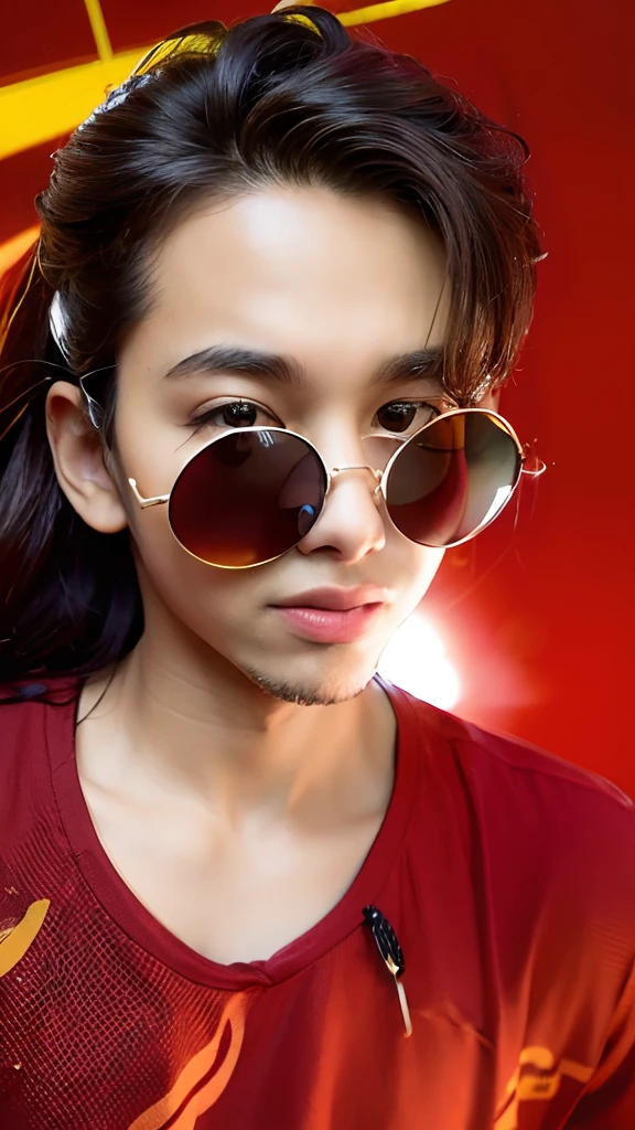 there is a young boy wearing sunglasses and a red shirt, with accurate face, with sunglass, good looking face, cool face, in sun glasses, sun glasses, with sunglasses, with round face, with mirrorshades sunglasses, harsh good looking face, sunglasses, round goggles, cool sunglasses, shades, portait photo profile picture, with lovely look, wearing cool sunglasses