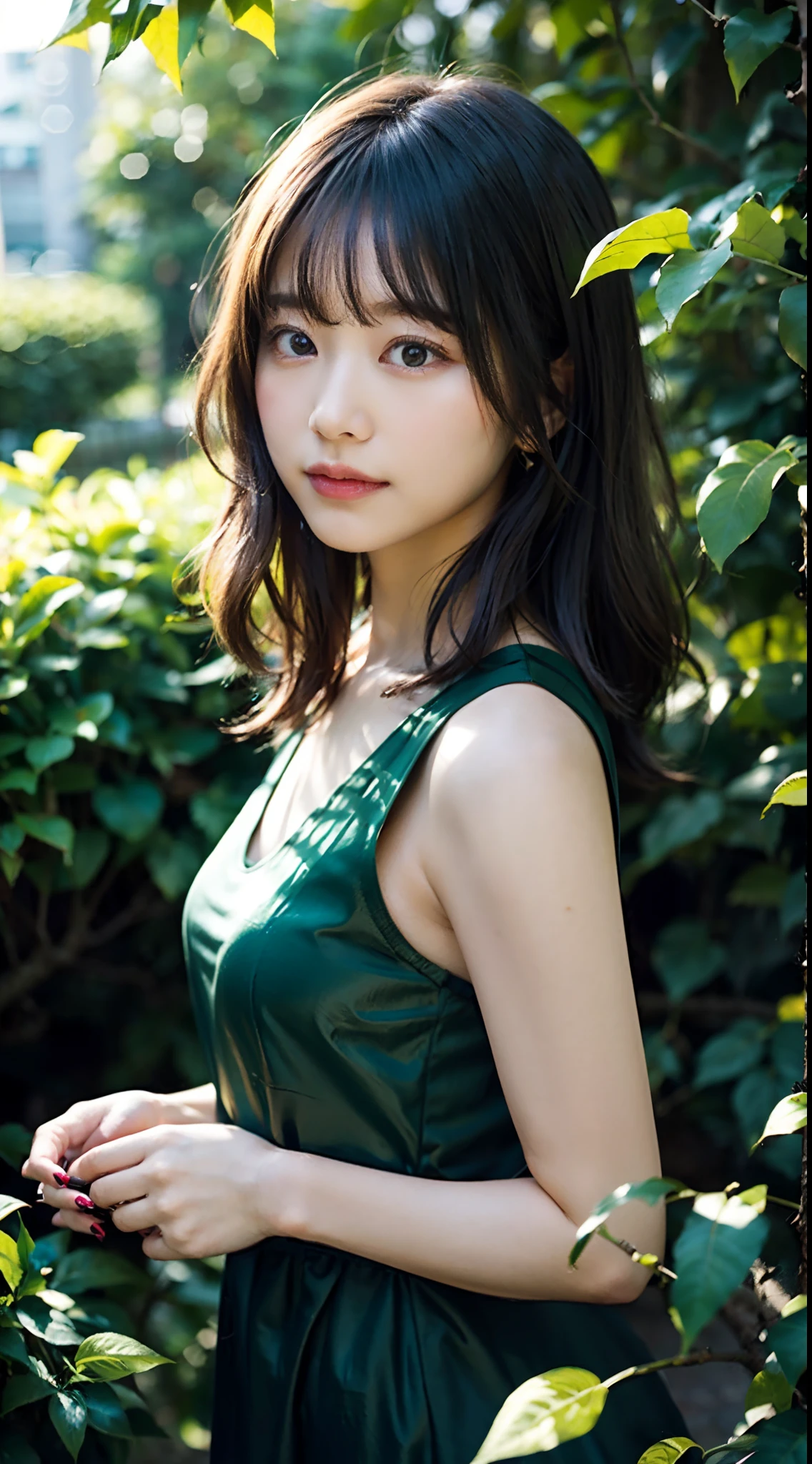Detailed curls, glowing sunlight filtering through the leaves, dappled shadows, elegant posture, (vivid green foliage:1.1), dreamy atmosphere, enchanting scenery, gentle breeze, (lush garden:1.2), (radiant skin:1.1), (natural glow:1.1), mesmerizing expression, serene ambiance, (subtle backlighting:1.1), (soft and ethereal:1.1), (subtle lens flare:1.1), (gently cascading leaves:1.2), whimsical vibes, (subtle makeup:1.1), (nature-inspired colors:1.1), harmonious color palette, (perfectly manicured nails:1.1), (graceful movement:1.1), (flowing dress:1.1)