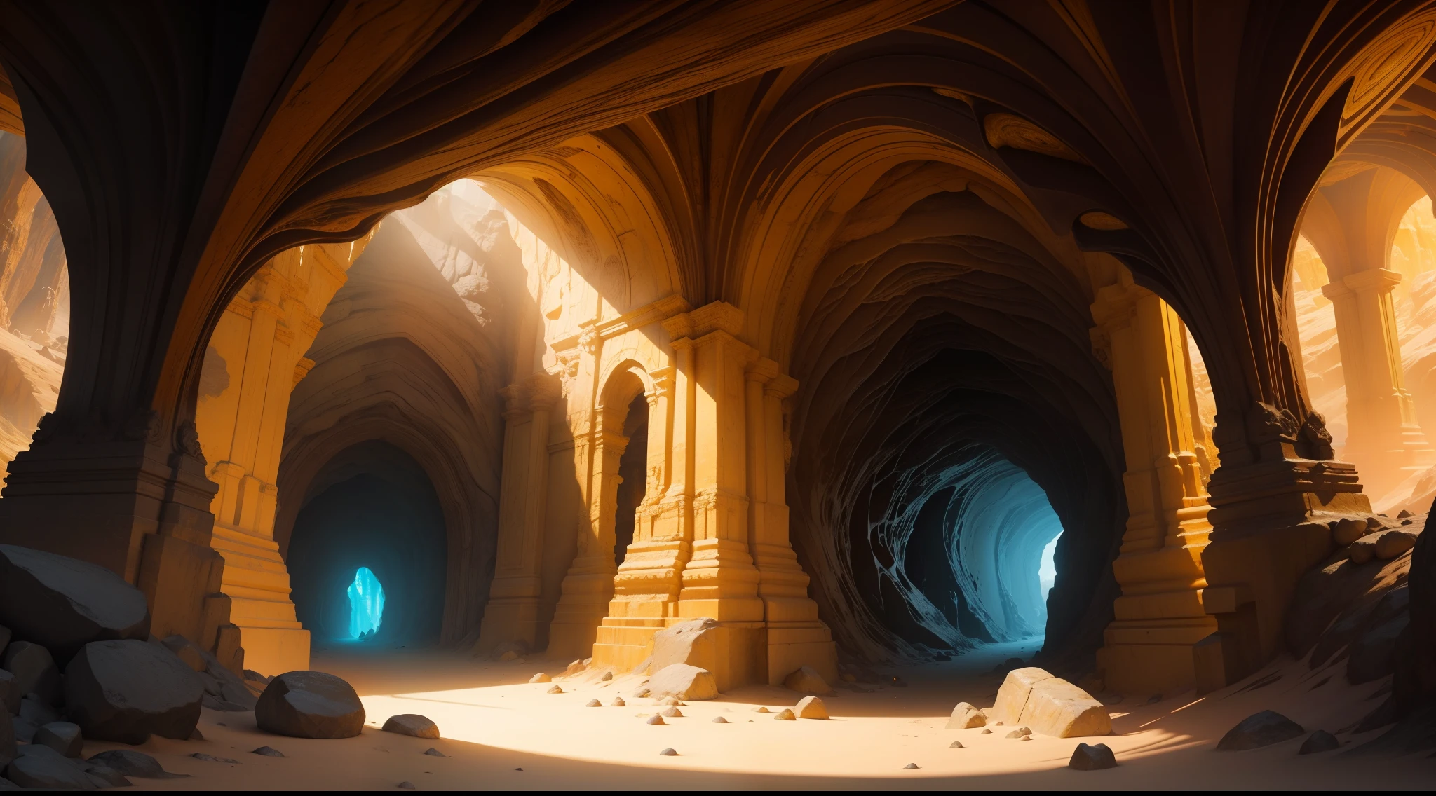 A vibrant, 4K ,underground cave, Intricate details and surreal feel,HD stone,Golden yellow tones