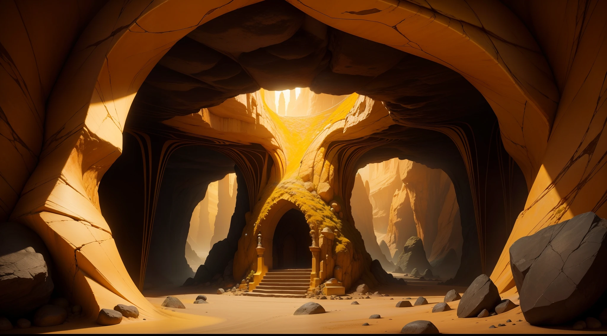 A vibrant, 4K ，underground cave, Intricate details and surreal feel，HD stone，Golden yellow tones