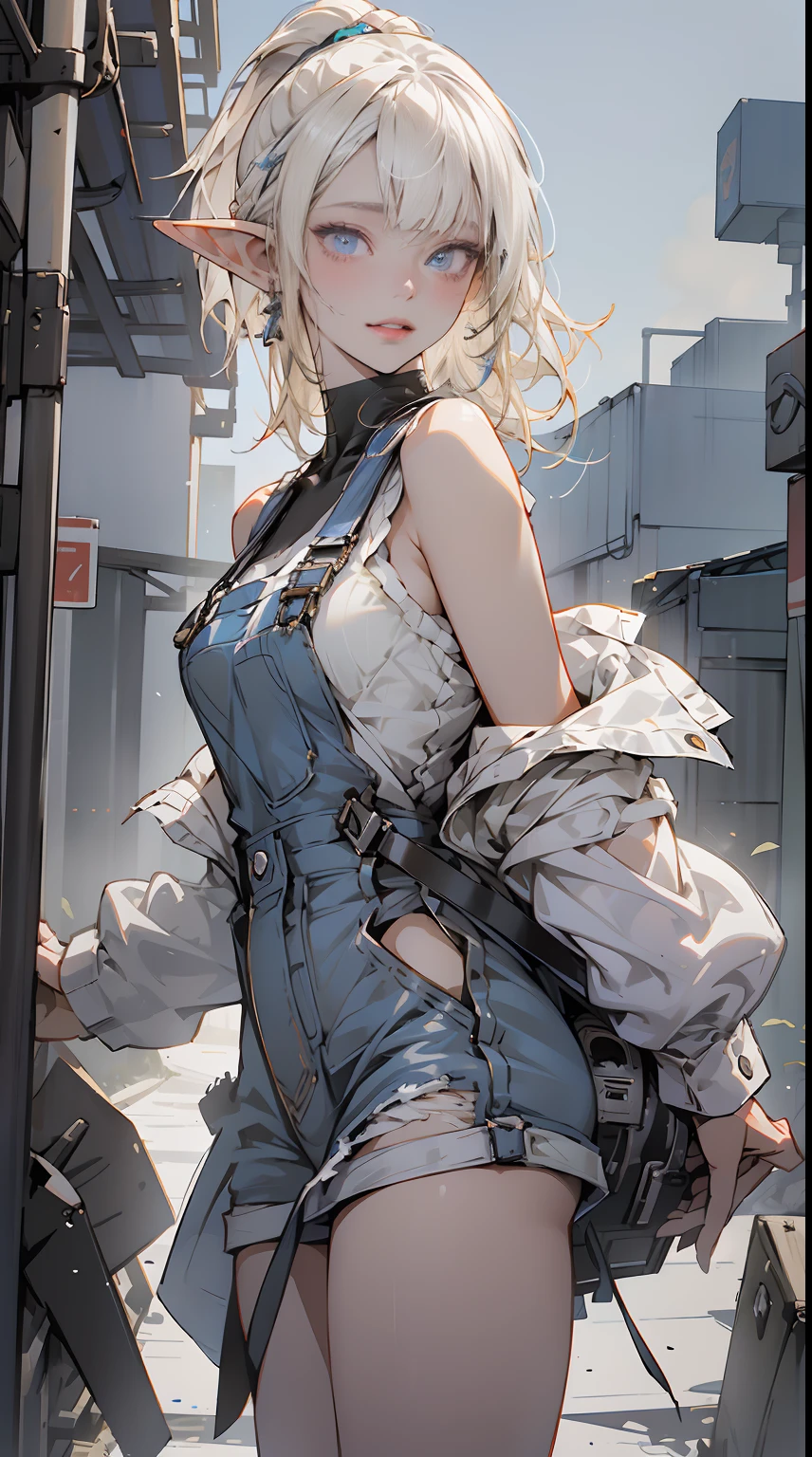 (1 girl), (beauty elf), Ordinary worker, big breasts, perfect body, overalls, light smile, fresh, messy, (asymmetrical bangs:1.3), ponytail hair, highly detailed face and eyes, Perfect lips, (white blonde hair, Deep Blue Eyes:1.2), cyberpunk, sci-fi, tech wear, character portrait, bare shoulders, intricate, Dawn, morning, sunlight,  Bright clouds, digital art, Aesthetic, cinematic Lightning, by Yusuke Murata.