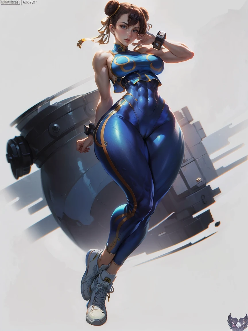 (masterpiece, best quality:1.4), 1girl, solo, (sfa chun), 1girl in a blue top and blue pants posing, blue vest, unitard, blue pants, skintight, yellow ribbon, short hair, sneakers, bare shoulders, looking at viewer, highly detailed face, (highly detailed eyes), detailed brown eyes, blush, fullbody, thicc, chun li at the gym, extremely detailed artgerm, thick smooth warframe thighs, most strongest pose, musclar, abs, musclar legs, (thick legs), detailed legs, detailed body,
