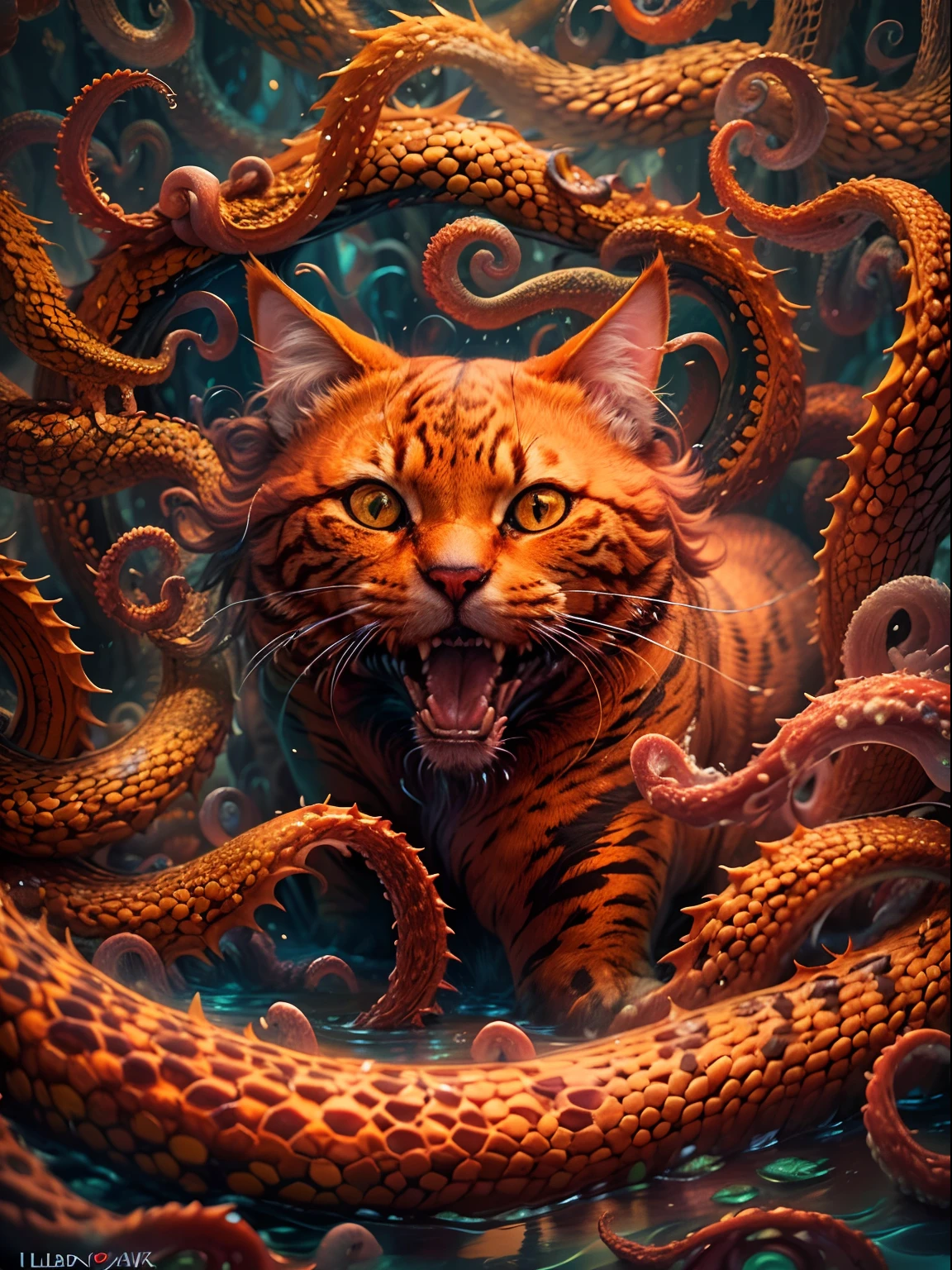 An image of an orange cat with a wide mouth and long, thick tentacles emerging from it, HP.Lovecraft. (best quality, 4k, highres, masterpiece:1.2), ultra-detailed, (realistic, photorealistic, photo-realistic:1.37), vibrant colors, eerie lighting, oil painting, detailed facial features, mesmerizing tentacles, mysterious atmosphere.