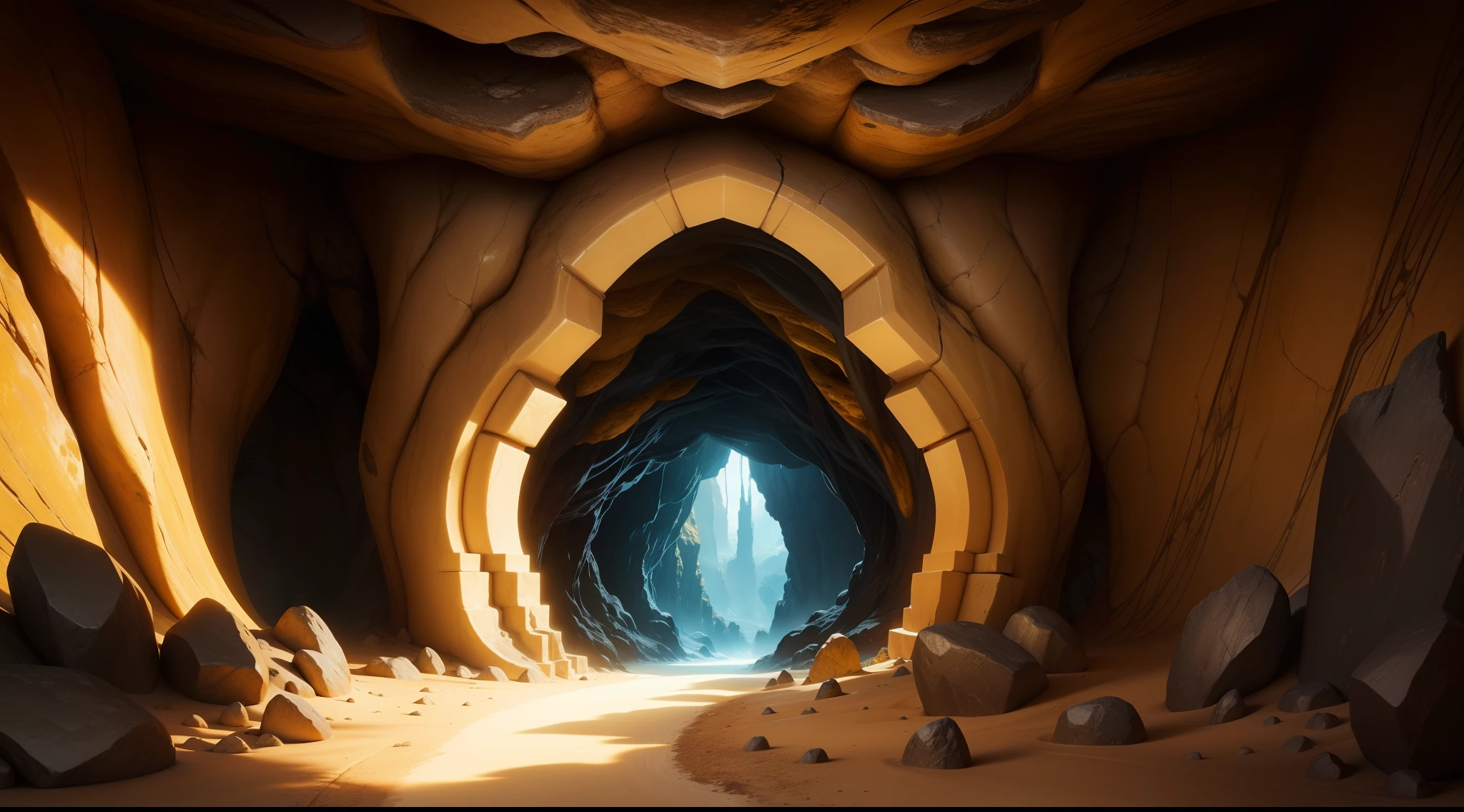 A vibrant, 4K ，underground cave, Intricate details and surreal feel，HD stone，Golden yellow tones