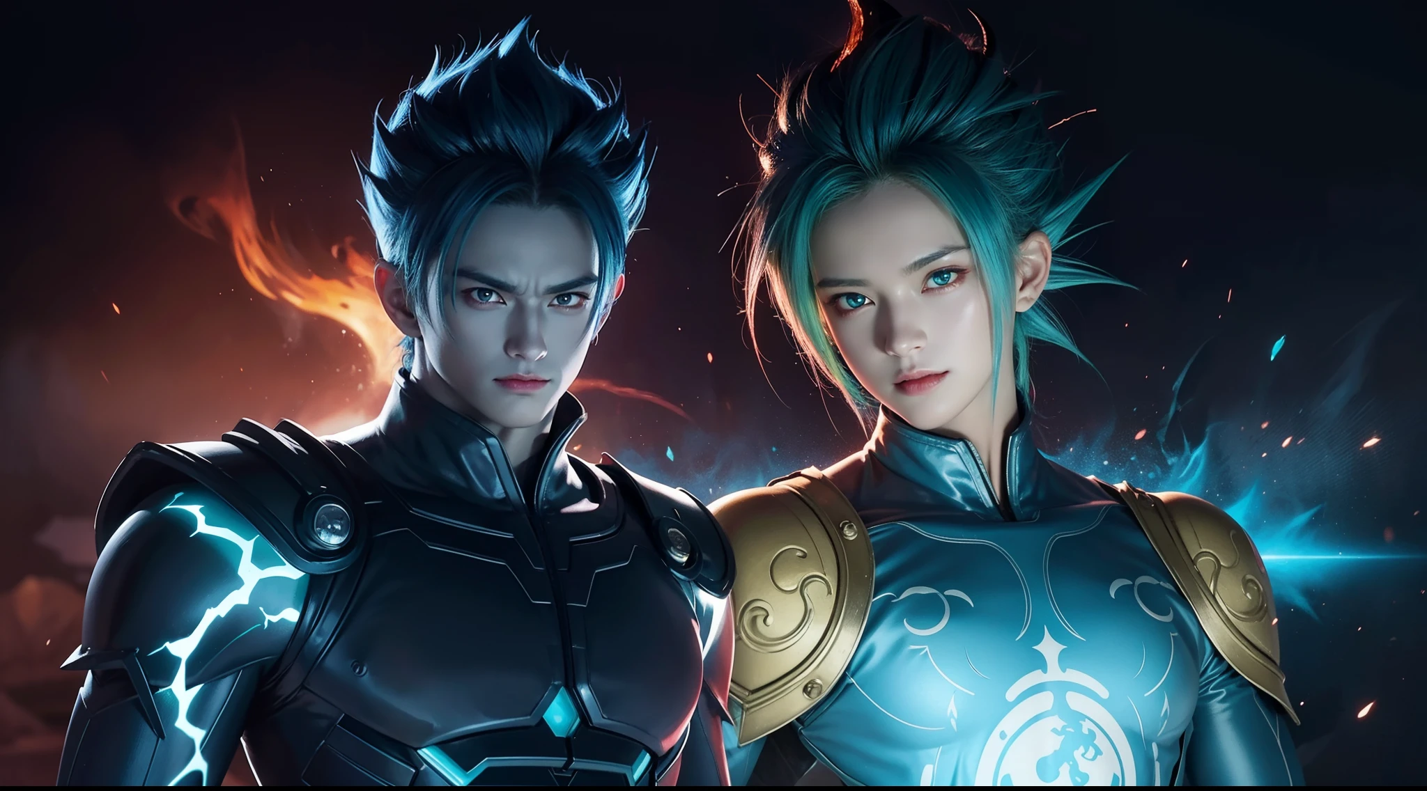 Green Gohan demon god with handsome face, glowing blue hair and tattoo, glowing red eyes, transformed state mode, extreme instinct, epic anime about energy man, fire, lava , epic anime artwork, concept art Dragon Ball Universe Concept, 8k manga wallpaper, detailed digital anime art, advanced digital anime art, detailed anime artwork , bad anime 8k