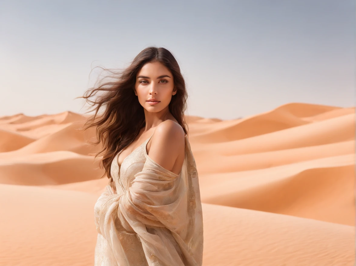 Arab woman in the desert holding a jar of water over her head, flowing long dark hair, delicate facial features, expressive eyes, luscious lips, very big breast and big ass, a thin veil gently covering her face, the soft fabric caressed by the desert breeze. The woman's body showcases the resilience and strength of the human form as she stands with grace and confidence. In the vast expanse of the desert, tall palm trees sway, their lush green leaves offering a stark contrast against the endless golden dunes. The clear blue sky stretches above, dotted with puffy white clouds, adding depth and serenity to the scene. Captured in the medium of photography, this artwork aims to depict a hyperrealistic representation of the desert's enchanting beauty. Every detail is meticulously captured, from the fine sand grains on the woman's skin to the intricate patterns on the jar of water. The image exudes a sense of realism, inviting viewers to immerse themselves in the scene. The color palette embraces warm earth tones, with sun-kissed yellows and rich browns dominating the composition. The lighting creates a dramatic play of shadows and highlights, accentuating the curves and contours of the woman's body. The golden hour sunlight casts a warm glow on the entire scene, enhancing the ethereal beauty of the desert oasis. In this artwork, the juxtaposition of the vulnerable yet empowered woman against the harsh desert landscape creates a captivating narrative. The viewer is invited to explore themes of resilience, femininity, and the power of nature. It is a masterpiece that evokes a sense of awe and wonder, transporting the audience to the serene and captivating world of the Arabian desert.