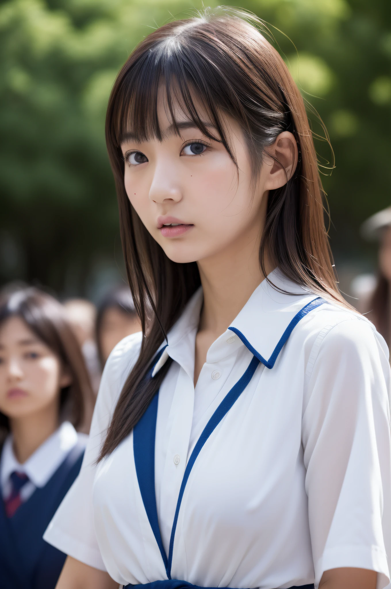 masutepiece, Best Quality, japanaese girl, 8K, top-notch quality, masutepiece, nffsw:1.2, exceptionally detailed RAW color photo, professional-grade photograph, (Realistic, Photorealistic:1.37), (highly detailedskin:1.2), Ultra-high resolution, (lenz 50mm), (masutepiece, top-quality:1.3), (Ultra detailed 8K cg:1.2), (hyper realisitic:1.35), (Photorealistic:1.45), (Realistic:1.4), Cowboy Shot, 1 beautiful Japanese girl, 22 years old, super model, Japanese Idol, __expression__, Large breasts, (School uniform:1.4), (The background is the urban area:1.1)、huge areolas、(areolae slip)、puffy areolas、Young adorable Japan face、Portrait of female Japan idol、A Japanese Lady、messy hair style、Popular makeup in Japan、bare breasts、Upper body naked、nude,nsfw、stare、In the crowd
