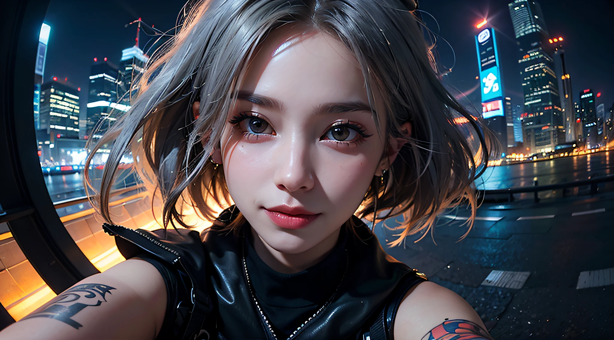 1 Cyberpunk Girl, Fisheye, Selfie, Very close image, Wind, Very short hair, hair messy, low illuminance, Cityscape, (Aesthetics and atmosphere:1.2),The best smile, nose piercing, eyebrow piercing, Tattoos,Silvery hair,