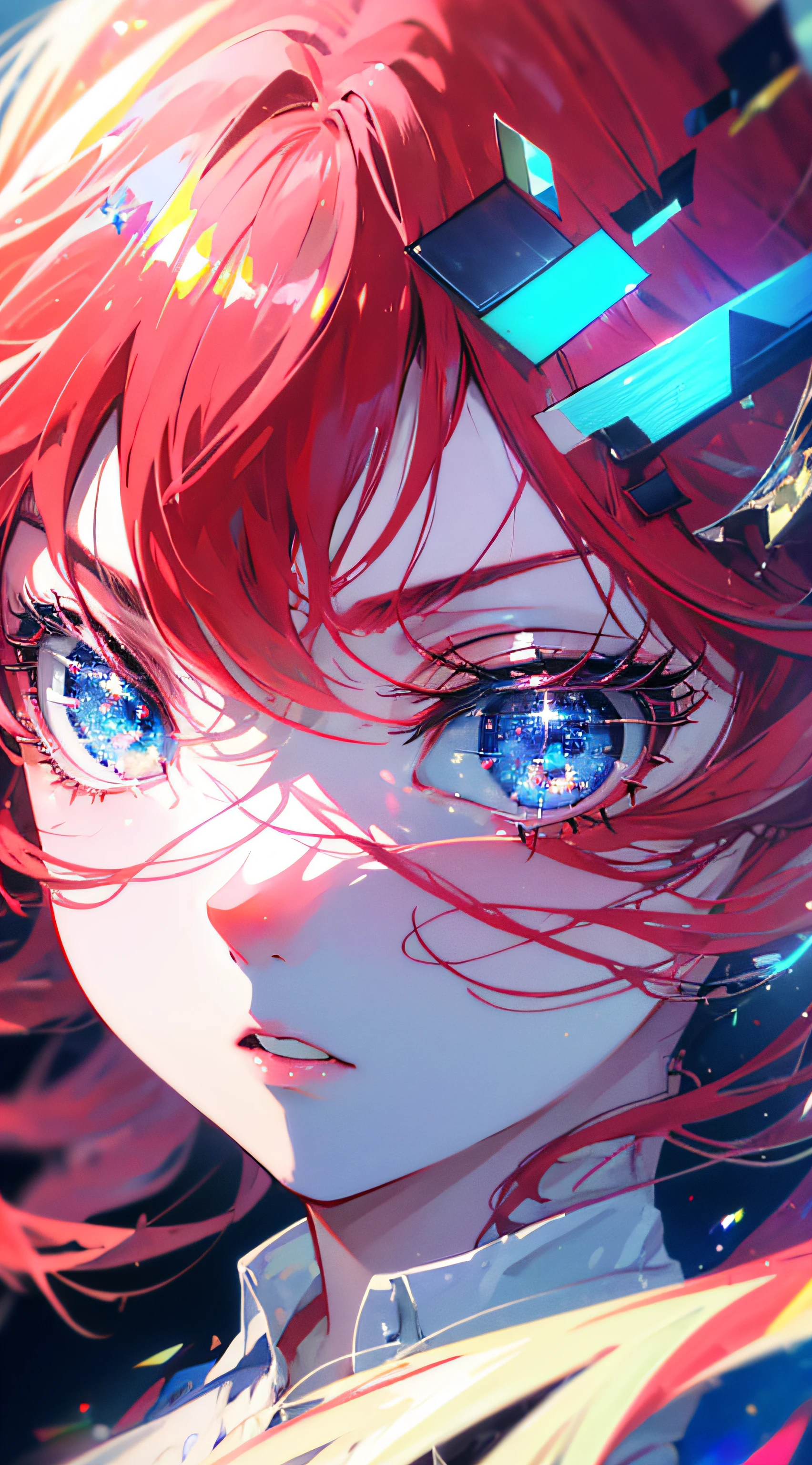 (high quality art,anime,Ultra-detailed),(Best quality,4K,8K,A high resolution,Masterpiece:1.2),beautiful detailed lips,Extremely detailed eyes and face,Red hair,Sparkling eyes, Blue eyes, (Detail eyes:1.3), standing,city scenery