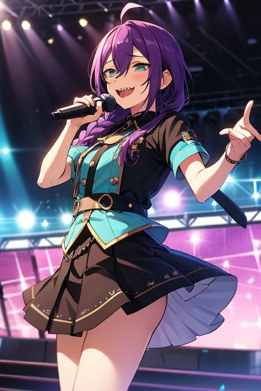 long hair, mole under mouth, purple hair, single braid, hair between eyes, aqua eyes, sharp teeth, ahoge, 1girl, slight blush, smile, idol, skirt, stage, microphone