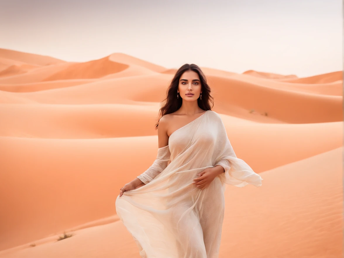 a European woman, ((long brunette braids)), walking on top of Sahara sand dune, from behind, throwing sand in wind, breeze, sunrays, bbw, (cleavage), (big curvy), long red flowing hijab, natural skin, bright eyes, 24mm, 4k, soft cinematic light, RAW photo, photorealism, photorealistic, intricate, elegant, highly detailed, sharp focus, ((((cinematic look)))), soothing tones, insane details, intricate details, hyperdetailed, low contrast, soft cinematic light, dim colors, exposure blend, hdr, faded