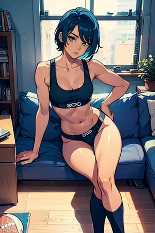 Sexy girl at home in just underwear, sports bra and panties, thong, tiny panties, socks, short hair, blue hair, full body