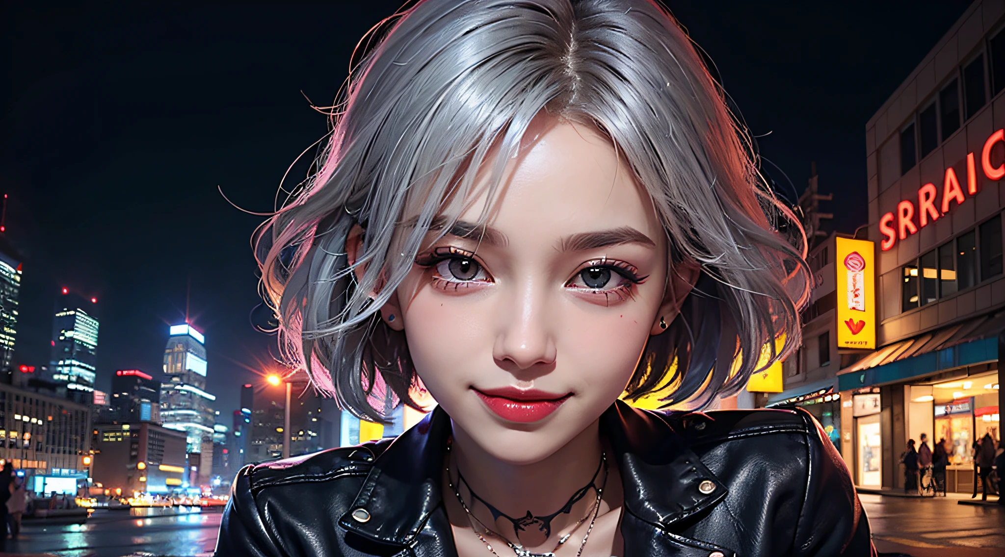 1 punk girl, Fisheye, Selfie, Very close image, Wind, Very short hair, hair messy, low illuminance, Cityscape, (Aesthetics and atmosphere:1.2),Smiling, nose piercing, eyebrow piercing, Tattoos,Silvery hair