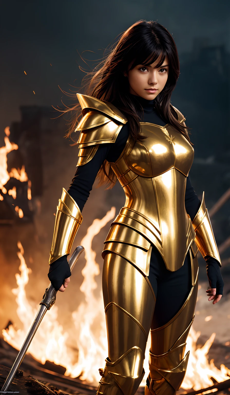 (best quality,highres),extremely detailed girl in a golden armor,cool pose,battlefield background,fire backdrop,Saint Seiya armor, messy hair,tattered clothes,broken armor