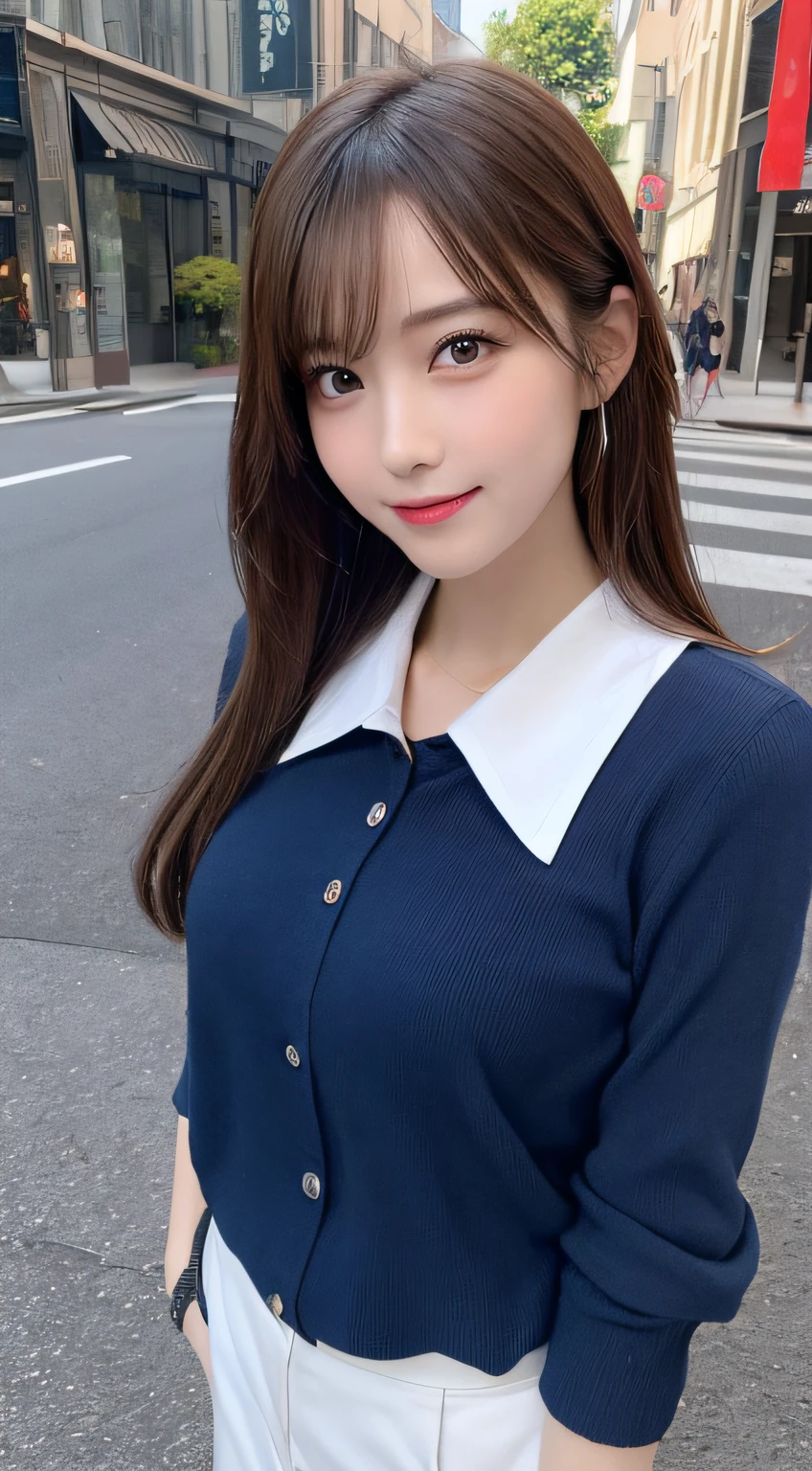 masutepiece, Best Quality, Illustration, Ultra-detailed, finely detail, hight resolution, 8K Wallpaper, Perfect dynamic composition, Beautiful detailed eyes, doress,Medium Hair, Big breasts, Natural Color Lip, Random and sexy poses,Smile,Aoyama Street Walk、20 years girl