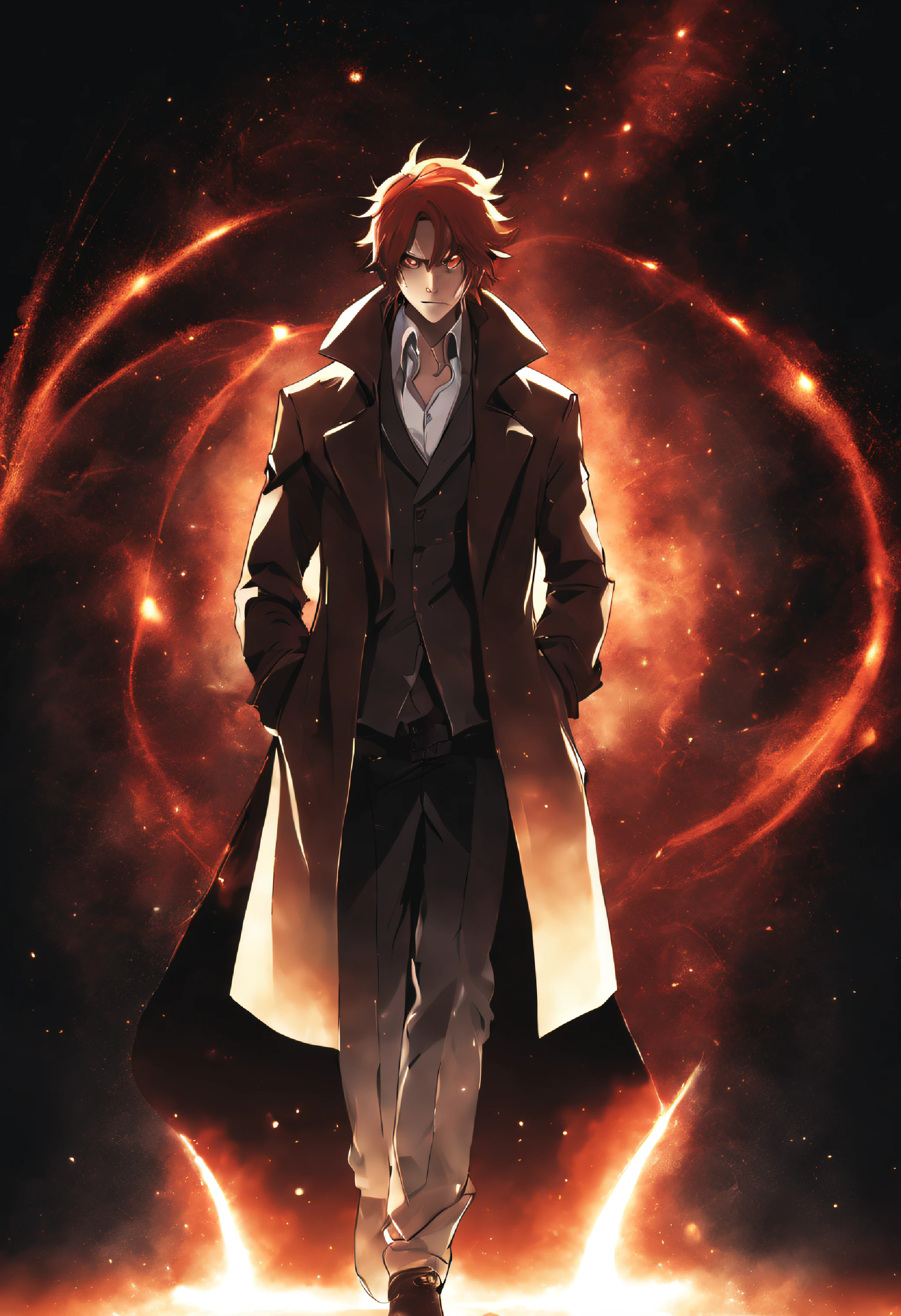 one man, red long hairs,pale withe skin, wearing a leather brown overcoat, magic aura particles, red eyes, 4k, cinematic details, anime 2D style