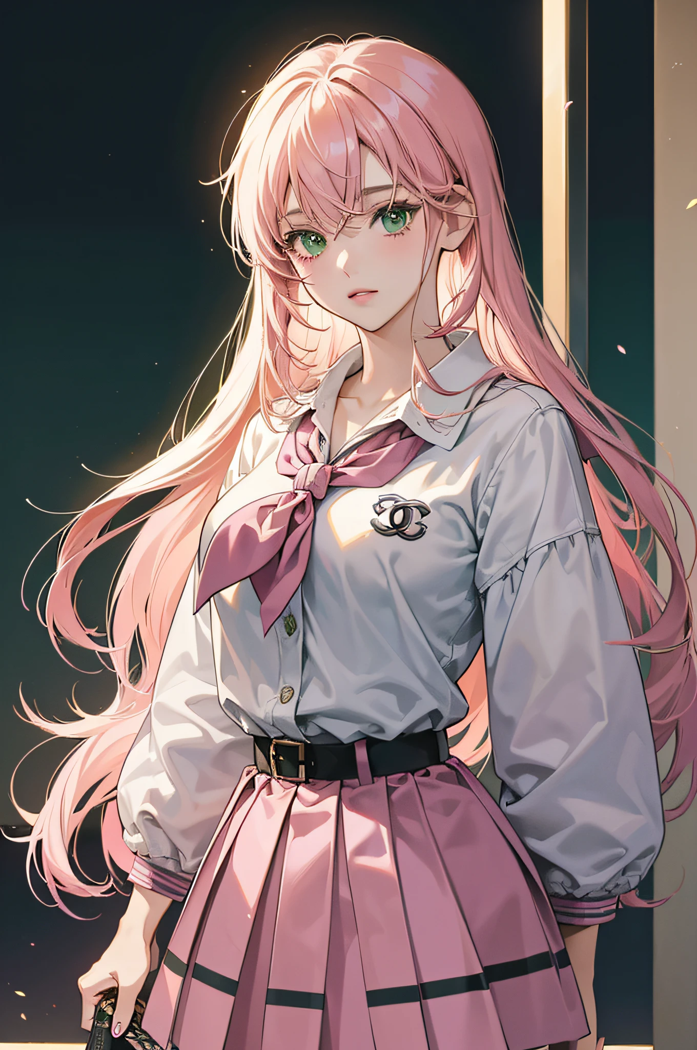 ((Anime style)), ((best quality)), ((masterpiece)), ((HDR+)), (best performance), (best lighting), (a college girl with pink Chanel hair with fringes, green eyes), wearing a school uniform, in a [college road dark empty background], [Wlop], [Takehino Inoue], [Oh! Great]