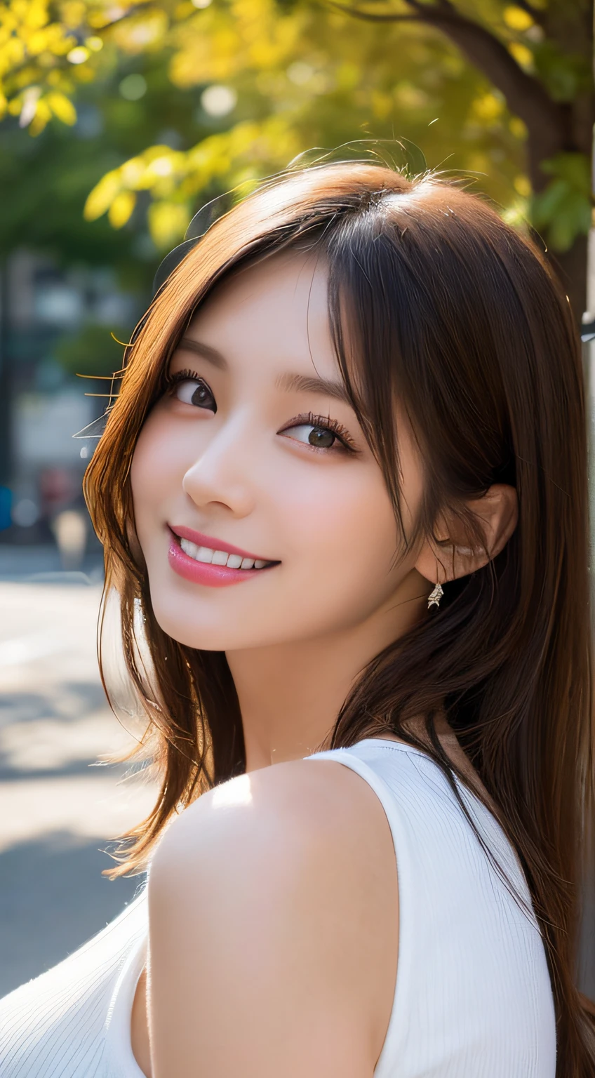 masutepiece, Best Quality, Illustration, Ultra-detailed, finely detail, hight resolution, 8K Wallpaper, Perfect dynamic composition, Beautiful detailed eyes, Women's Fashion🍂,Medium Hair,small tits、Natural Color Lip, Bold sexy poses,Smile,Harajuku、20 years girl、Cute、Sexy shot looking at camera