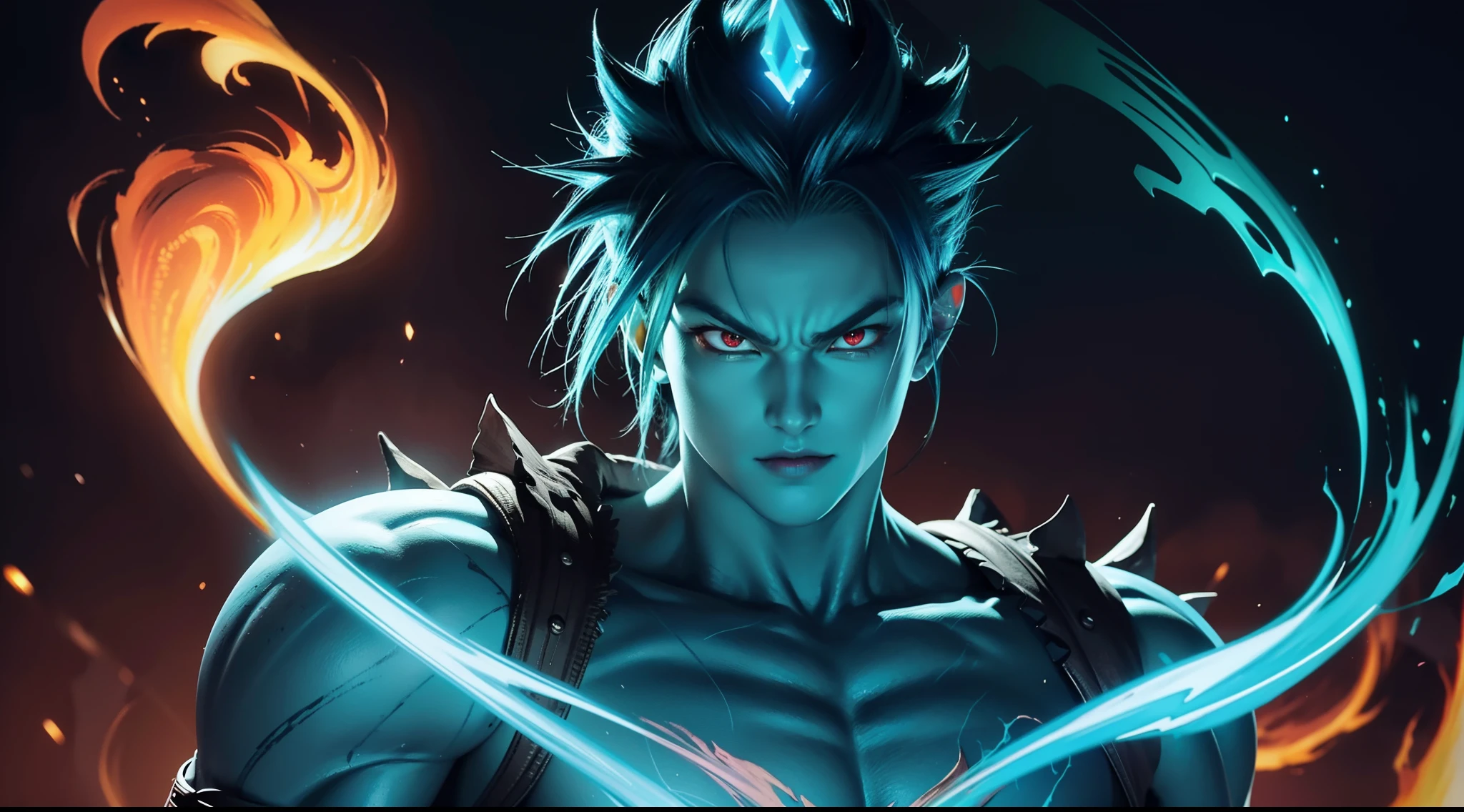 Green Gohan demon god with handsome face, glowing blue hair and tattoo, glowing red eyes, transformed state mode, extreme instinct, epic anime about energy man, fire, lava , epic anime artwork, concept art Dragon Ball Universe Concept, 8k manga wallpaper, detailed digital anime art, advanced digital anime art, detailed anime artwork , bad anime 8k