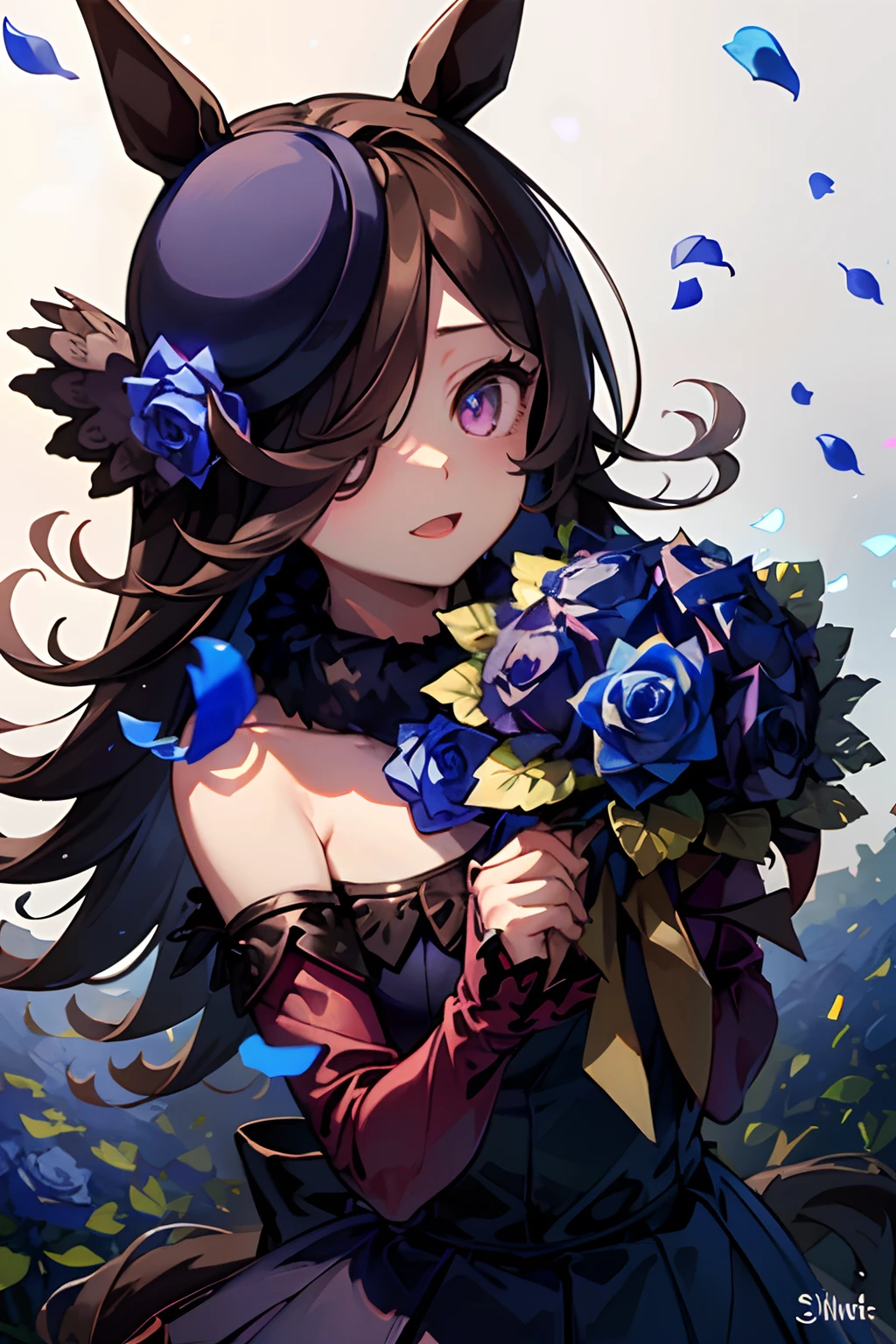 (masutepiece.top-quality).(Dynamic Angle).1 girl in.A dark-haired.long.Horse-eared girl.Beautiful eyes.smil.(Holding a bouquet of blue roses:1.3).(Blue petals flutter:0.8)