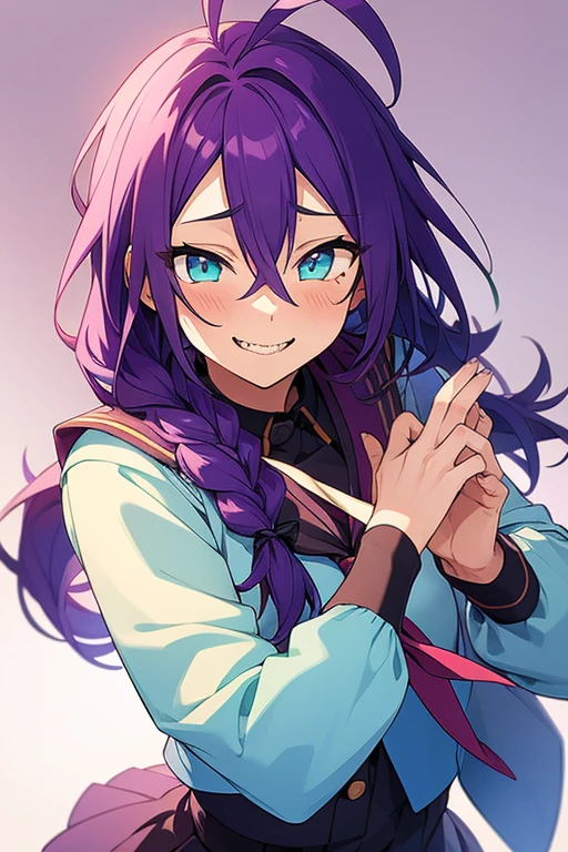 long hair, mole under mouth, purple hair, single braid, hair between eyes, cyan eyes, sharp teeth, ahoge, 1girl, blush, smile, female school uniform