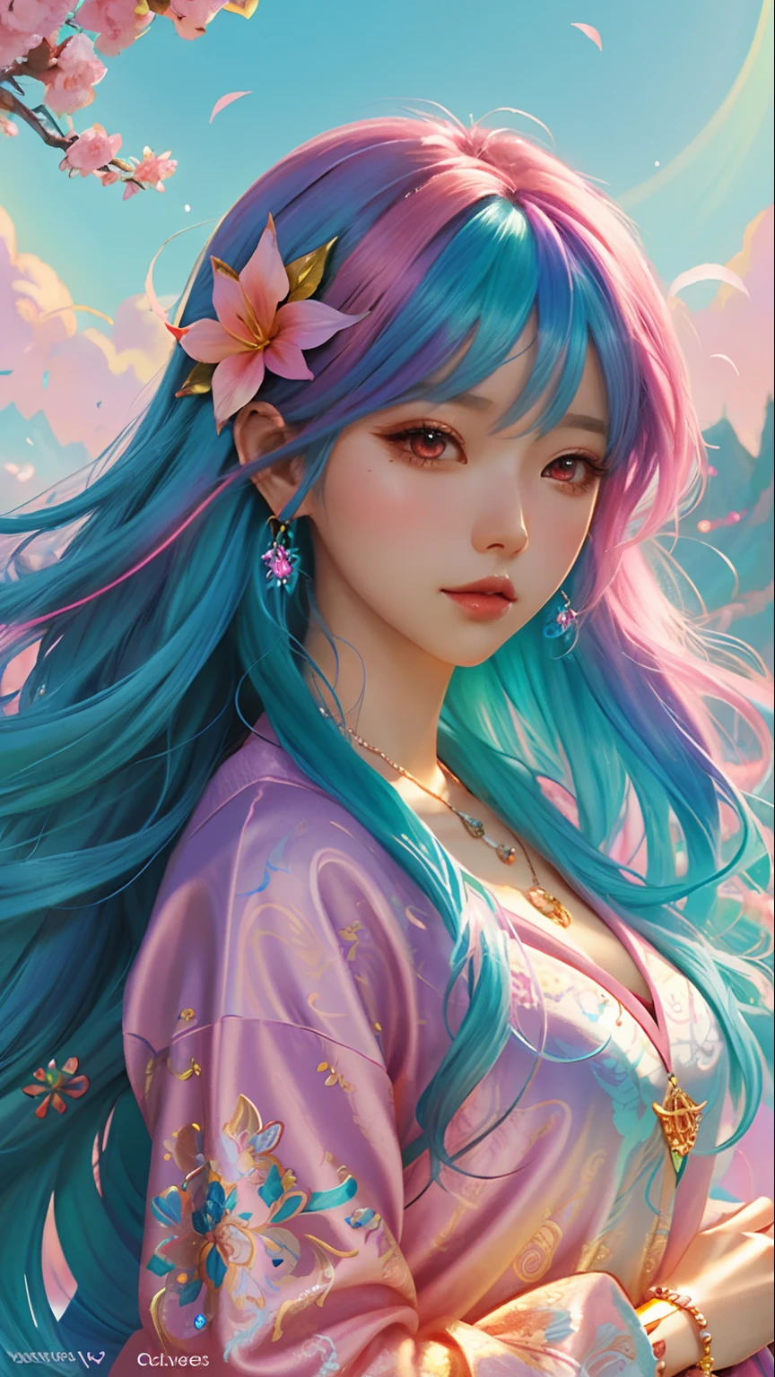 Close-up of a woman with colorful hair and necklace, Rossdraws' soft vibrancy, Gouviz-style artwork, fantasy art style, colorful]", vibrant fantasy style, Rossdraws cartoon vibrant, colorful, Guweiz, colorful digital fantasy art, stunning art style, beautiful anime style, glowing hair