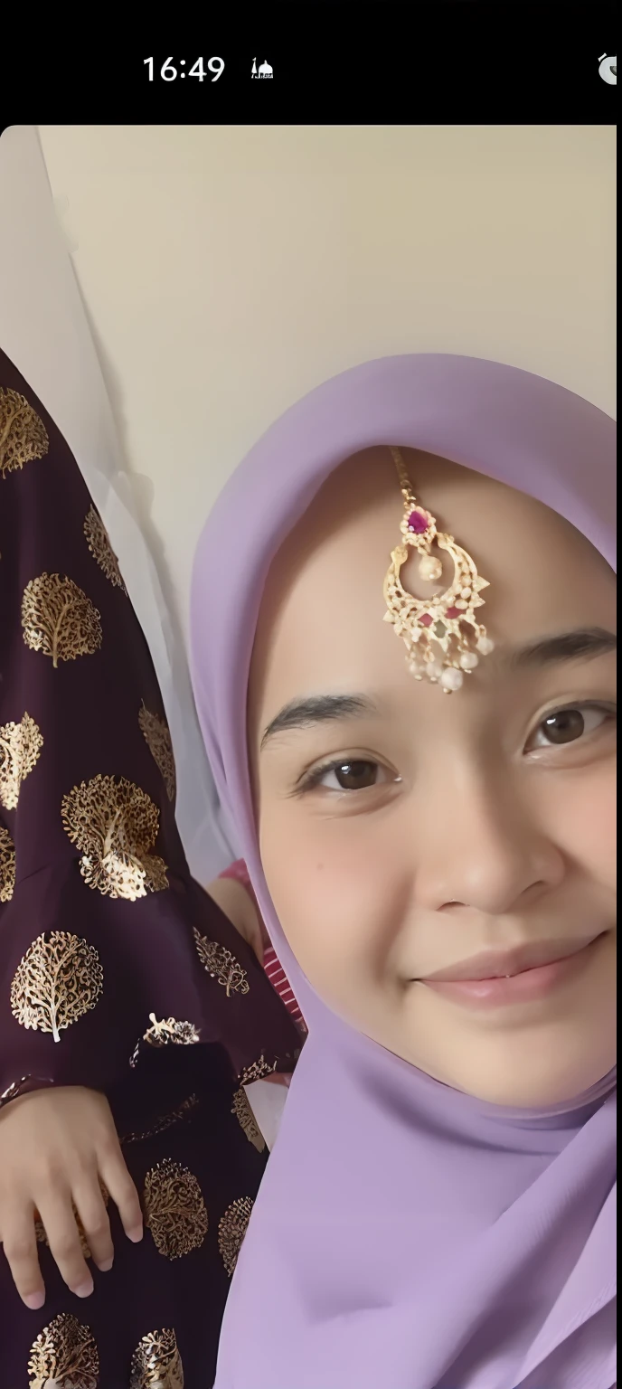 a close up of a woman wearing a purple hijab and a gold nose ring, malaysian, ruan cute vtuber, low quality video, 8k selfie photograph, inspired by Naza, south east asian with round face, hijab, instagram story, close up potrait, inspired by Nazmi Ziya Güran, she is facing the camera, traditional beauty
