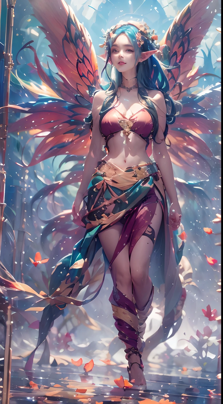 ( Absurd, High quality, Ultra-detailed, Masterpiece, concept-art, smooth, high detail artwork, Hyper-realistic painting , high resolution, paint splatter, colored splashing, Splash of Ink, colored splashing), ((Rainbow hair)),elf, Plum elf, plum , Transparent fairy wings, wearing only his underwear，huge tit，low chest，fairytale-like, Romantic, Vivid, Whole body,hand behind back，Malu，largeeyes，（Eye focus），Cosmic eyes，Space eyes，In nature with waterfalls，PureErosFace_V1，Urzang-6500-V1 version.1，