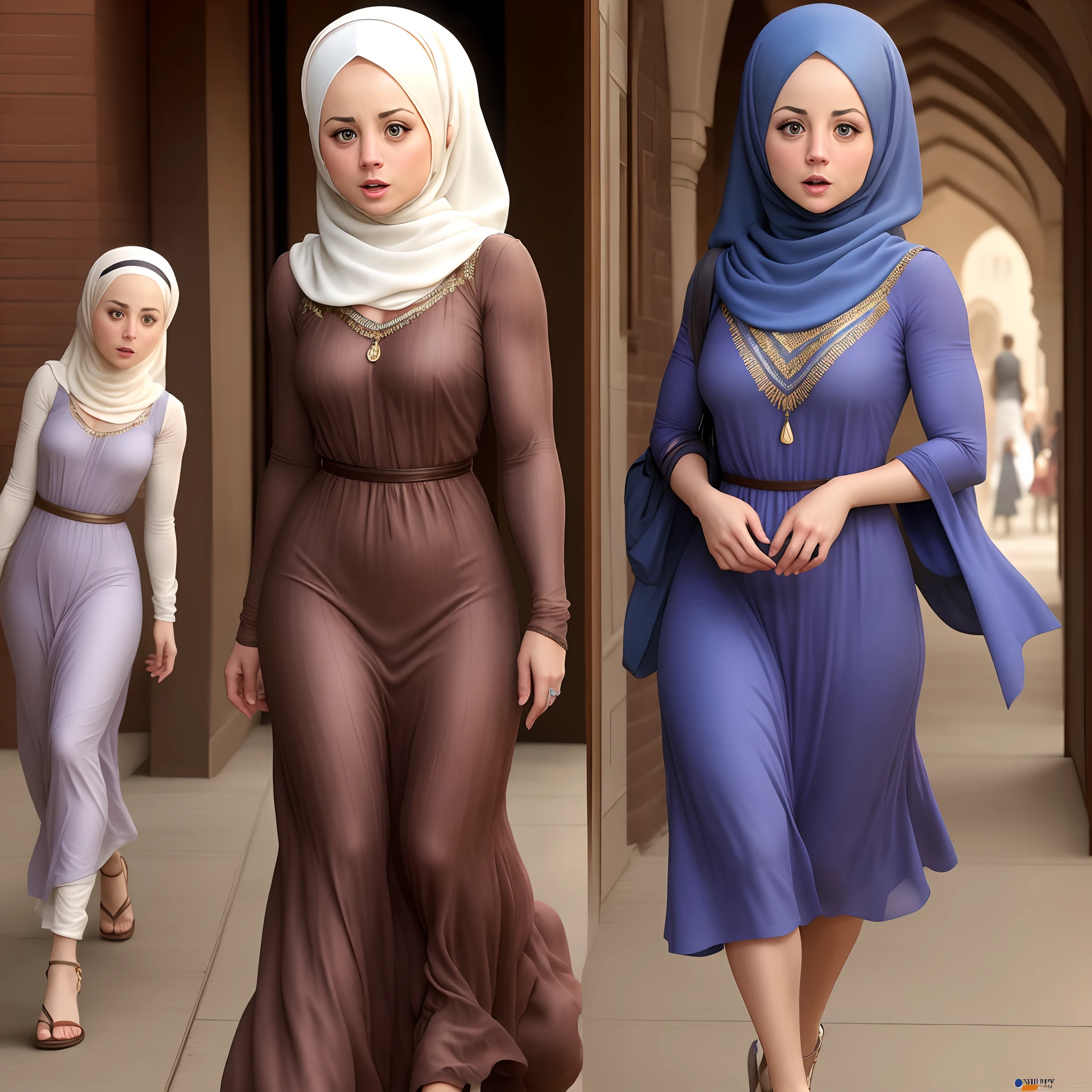 3DMM, ((Masterpiece, best quality, photography, detailed skin, realistic, photo-realistic, 8k, highly detailed, full length frame, High detail RAW color art, diffused soft lighting, shallow depth of field, sharp focus, hyperrealism, cinematic lighting, hijab, a woman in a beautifully makeup, smokey eyeshadow, beautiful big eyes, long eye lashes, wearing (aqua satin hijab), loosely tide hijab style, ((gray satin shirt)), satin long maxi skirt, walking in the middle of the meadow, The background is the village, sunset, orange teal colour grading