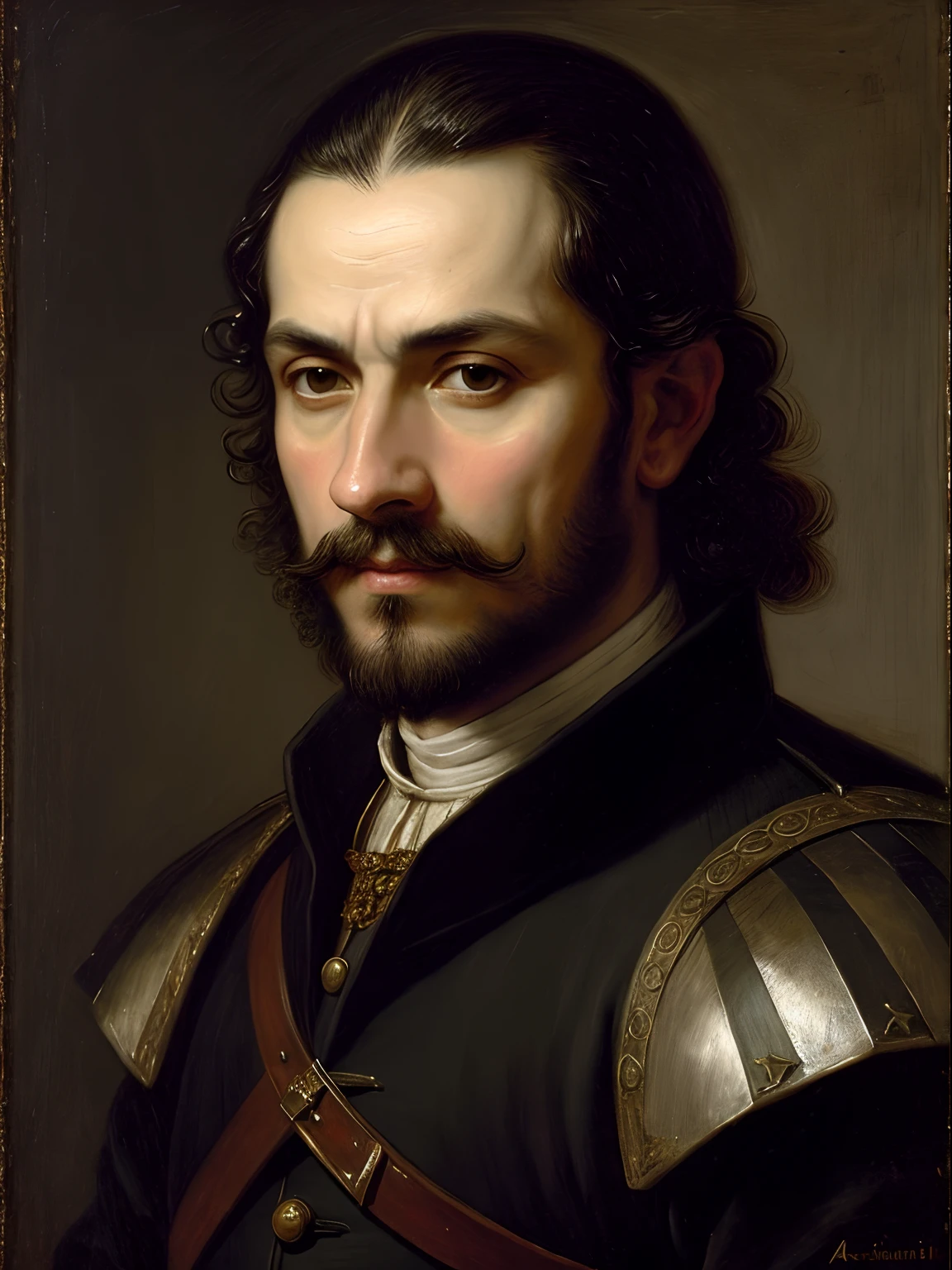 A spanish soldier in a conquistador outfit, sword and shield, slender almost gaunt, with shoulder length black hair, sinister look on his face, smiling, jet black hair, purple coloured eyes, day, medieval aesthetics, sharp focus, intricate details, highly detailed, depth of field, sharp focus, high detail, Impressionism, sunken eyes, no helmet or hat, sharp chin and facial features, olive skin, sharp nose, ragged, angry eyes, Detailed oil painting, Glazing, Tenebrism, scumbling, oil painting, baroque style, by Rembrandt, by Artemisia Gentileschi