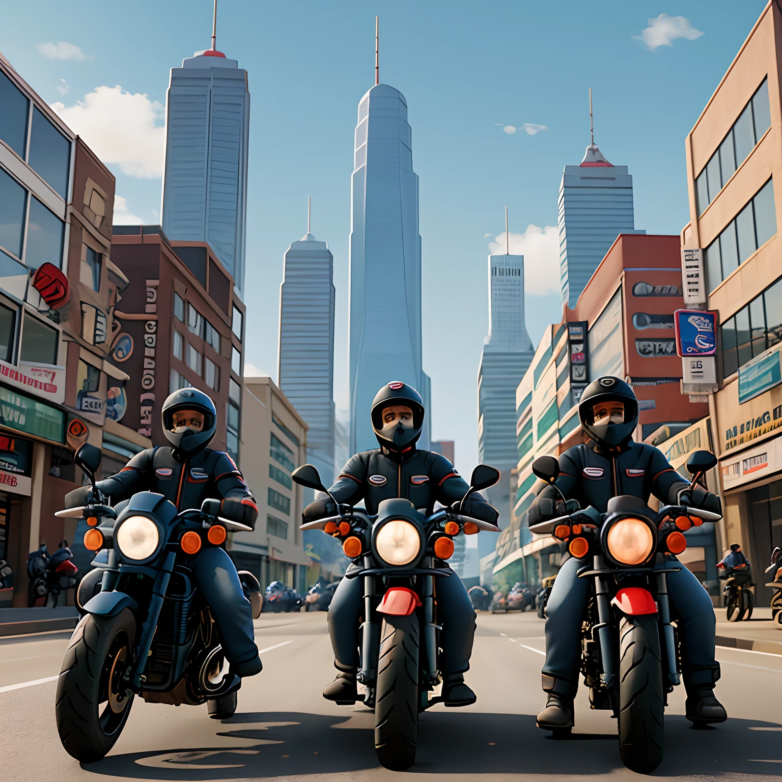 Three Mans motorcycle couriers with their motorcycles inside the city, duas motocicletas pretas e uma vermelha