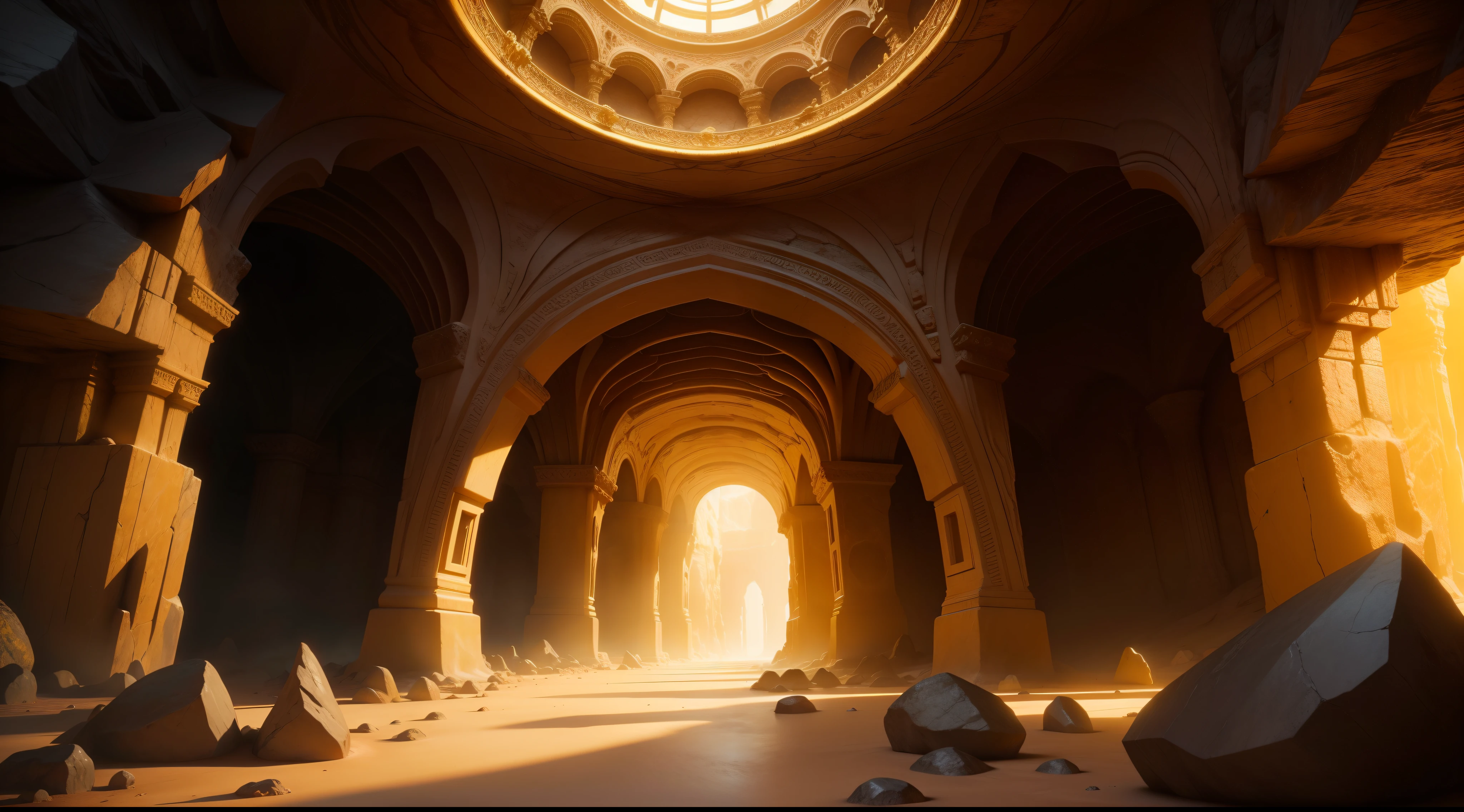 A vibrant, 4K ,underground cave, Intricate details and surreal feel,HD stone,Golden yellow tones