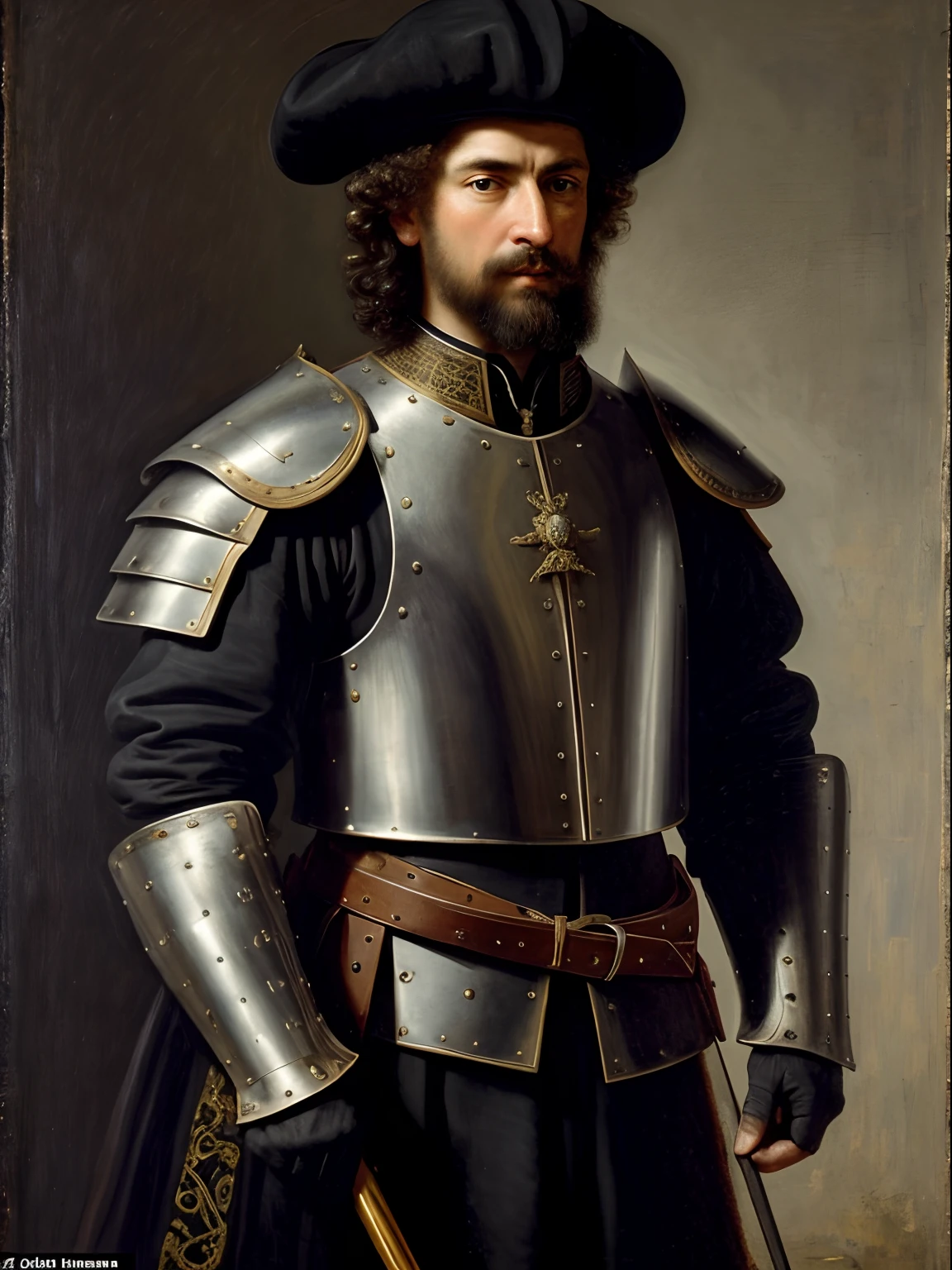 A spanish soldier in a black plate armor, day, medieval aesthetics, sharp focus, intricate details, highly detailed, depth of field, sharp focus, high detail, Impressionism, no helmet or hat, Detailed oil painting, Glazing, Tenebrism, scumbling, oil painting, baroque style, by Rembrandt, by Artemisia Gentileschi