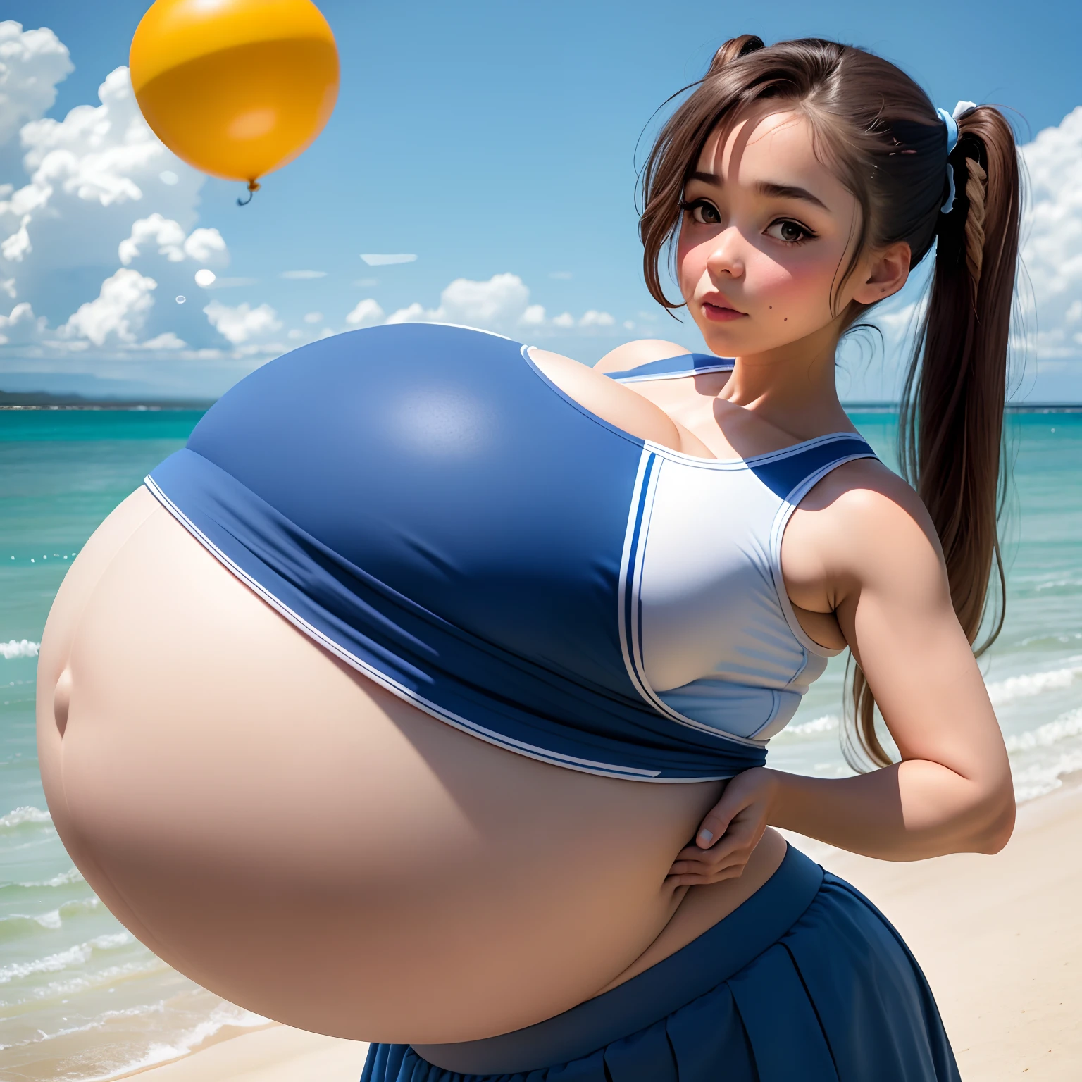 pigtails hairstyle, brown hair,Big Baby Bump pregnant,blue bra and skirt l, Big boobs, nipple, cum,16 years girl, Big pregnant Belly, Big Pregnant girl, Largest Belly of Pregnant, Huge Pregnancy Belly, huge 9 months Pregnancy Belly, background beach, big blue balloons