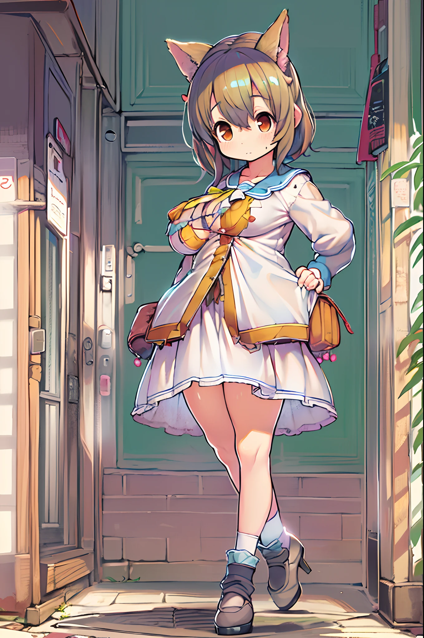 anime girl with big breast and big breasts posing for the camera, small curvy loli, Lori, shikamimi, loli in dress, anime moe art style, cellshading!!!, shy looking down, Chic, konosuba anime style, cute anime catgirl, holding a pudica pose, the anime girl is crouching