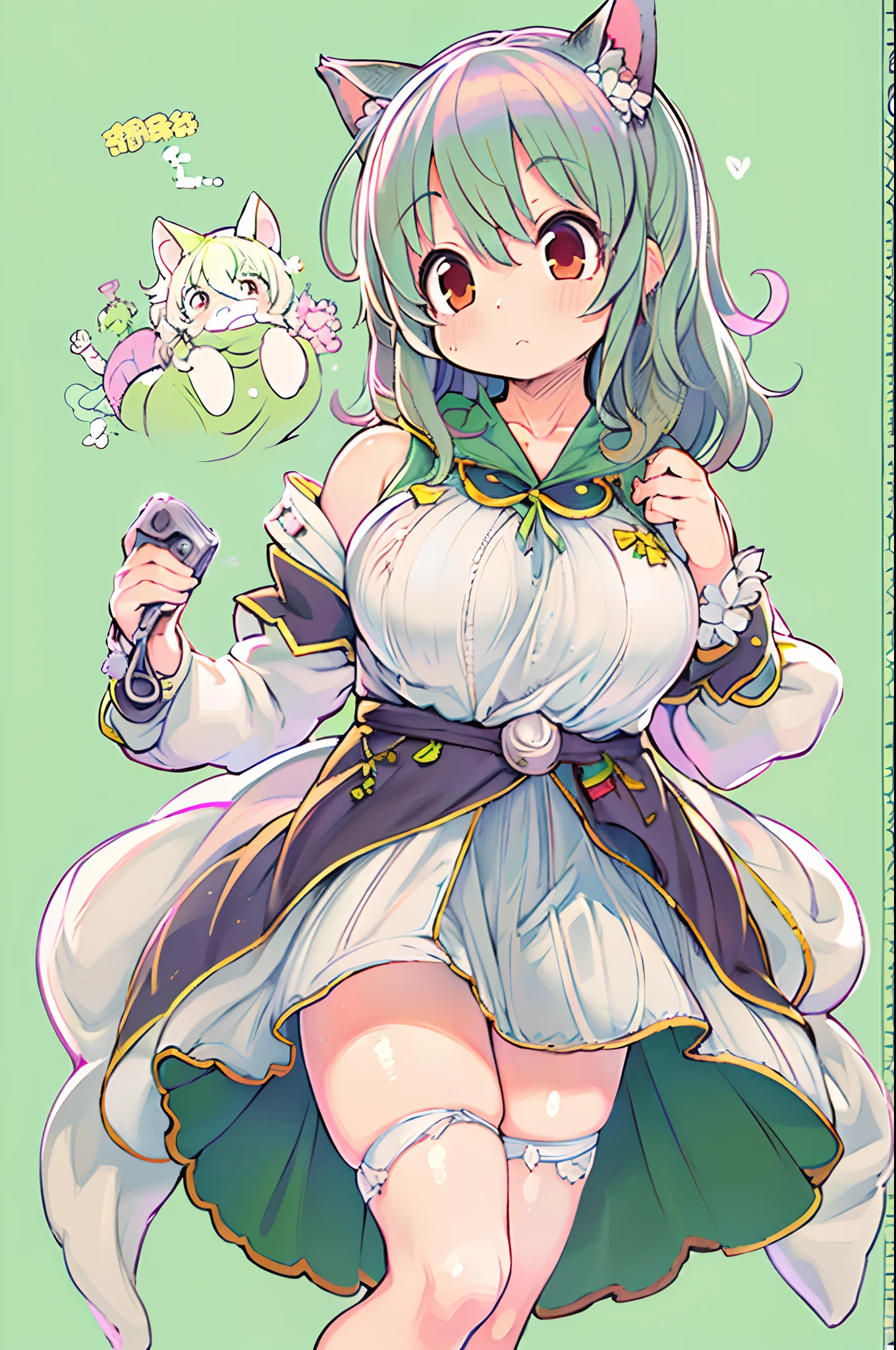 anime girl with big breast and big breasts posing for the camera, small curvy loli, Lori, shikamimi, loli in dress, anime moe art style, cellshading!!!, shy looking down, Chic, konosuba anime style, cute anime catgirl, holding a pudica pose, the anime girl is crouching
