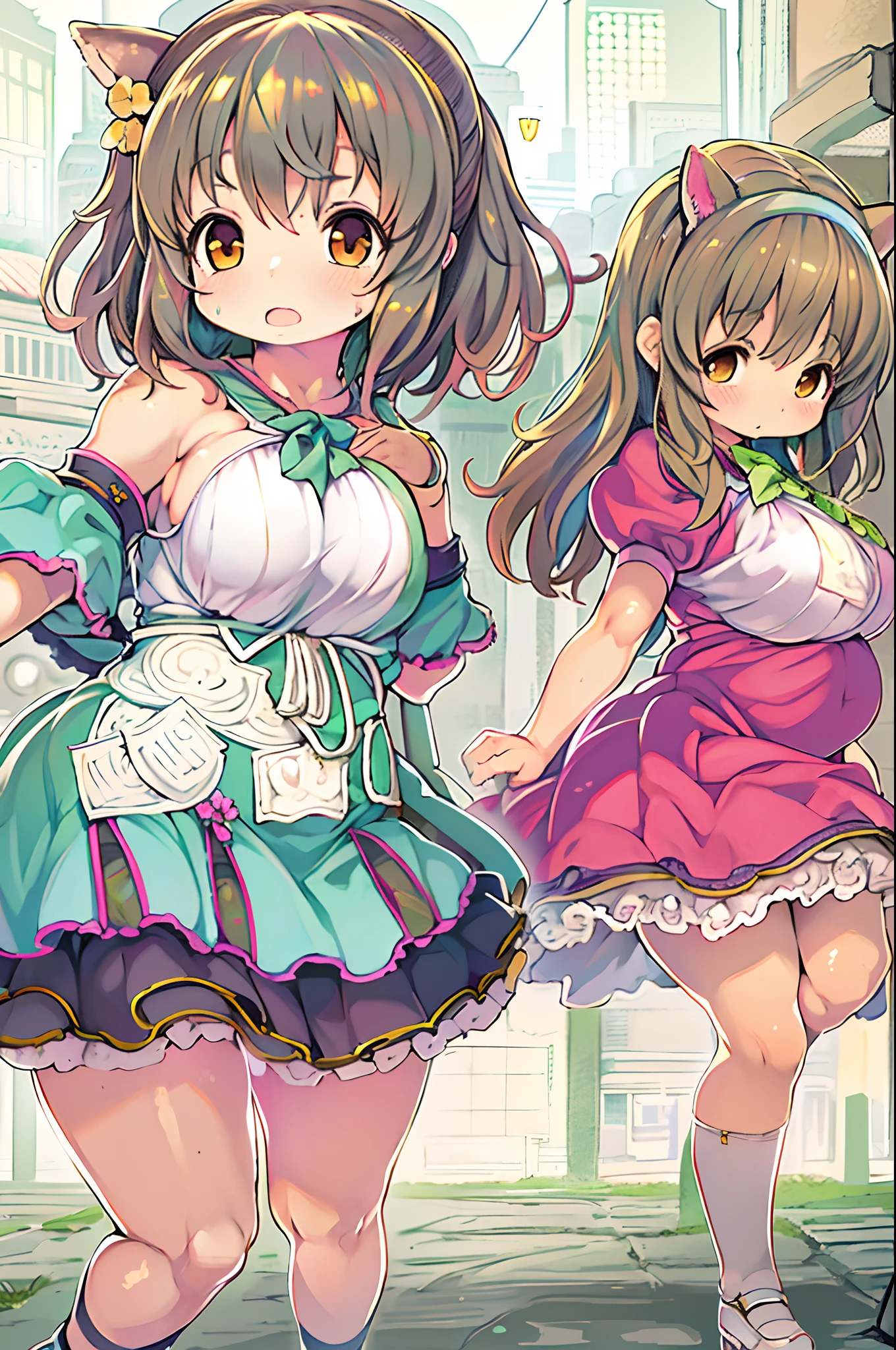 anime girl with big breast and big breasts posing for the camera, small curvy , Lori, shikamimi, lolidress, anime moe art style, cellshading!!!, shy looking down, Chic, konosuba anime style, cute anime catgirl, holding a pudica pose, the anime girl is crouching