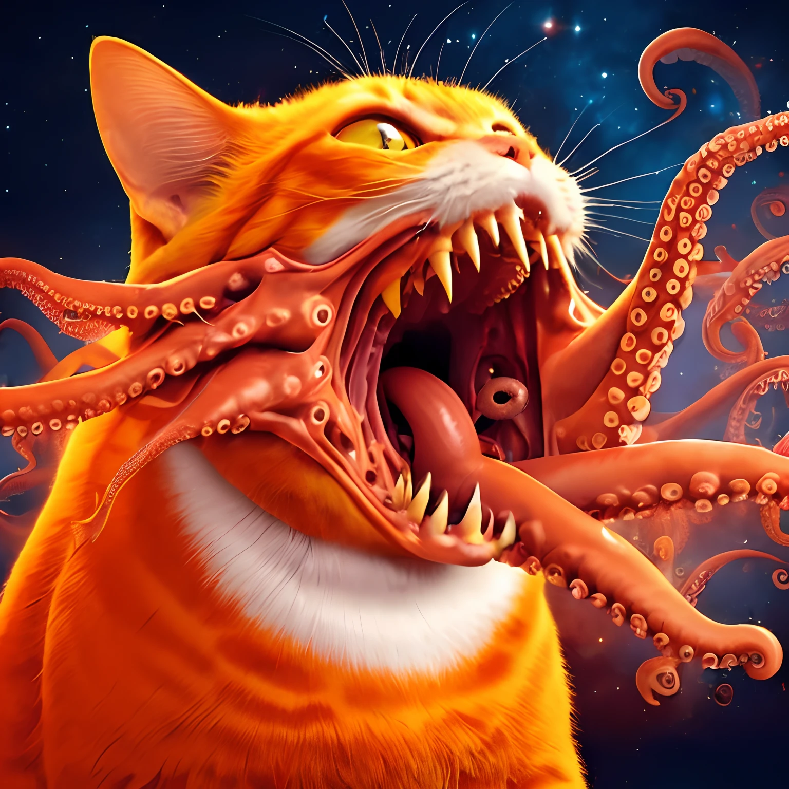 n orange cat,Possess the body and face of a cat,Open its mouth wide to resemble an octopus's mouth,A large number of octopus antennae that are thicker than the body gush out of the mouth,In the center are rows of sharp teeth . The colors are vibrant and ethereal, evoking a sense of wonder and mystery. The artwork invites the viewer to contemplate the vastness of the universe and the potential for extraordinary beings,Marvel,shiyuanshou,solo,full body shot, ((masterpiece)), ((best quality)), 8k, high detailed, ultra-detailed, realistc