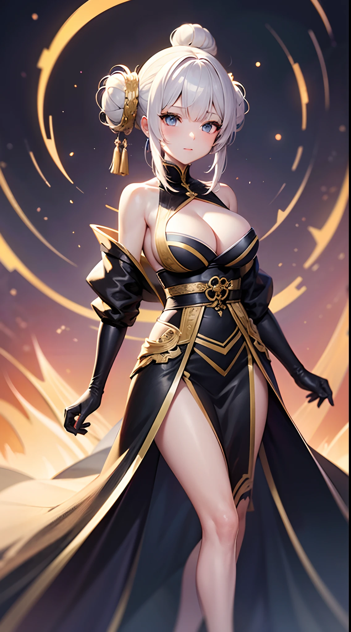 Character Positioning center of the canvas and just standing passively, High-Resolution (8k), hyper Precisionist anime art, Highly Detailed, Masterful Artistry, Vibrant Colors, 135mm lens, Studio Lighting, Concept: Anime character with glowing hyper-fair skin, wearing a hyper-daring cleavage glistening short floral dress with a unique zegtangle patterned design, character's hair with black, cut in a modern style, featuring short and straight-cut bangs and tightly and strictly gathered straight hair on both sides of the head, forming strict buns, Luminescent Anime Style Artwork, Elaborate Details, Composition: A captivating anime character with modern Japanese styling, radiating happiness, full-body artwork, Beautiful Anime Illustration, High-Quality Artistry, ((Background designed hagly intricate way)), intricate line art painting-inspired art of an enchanting anime character