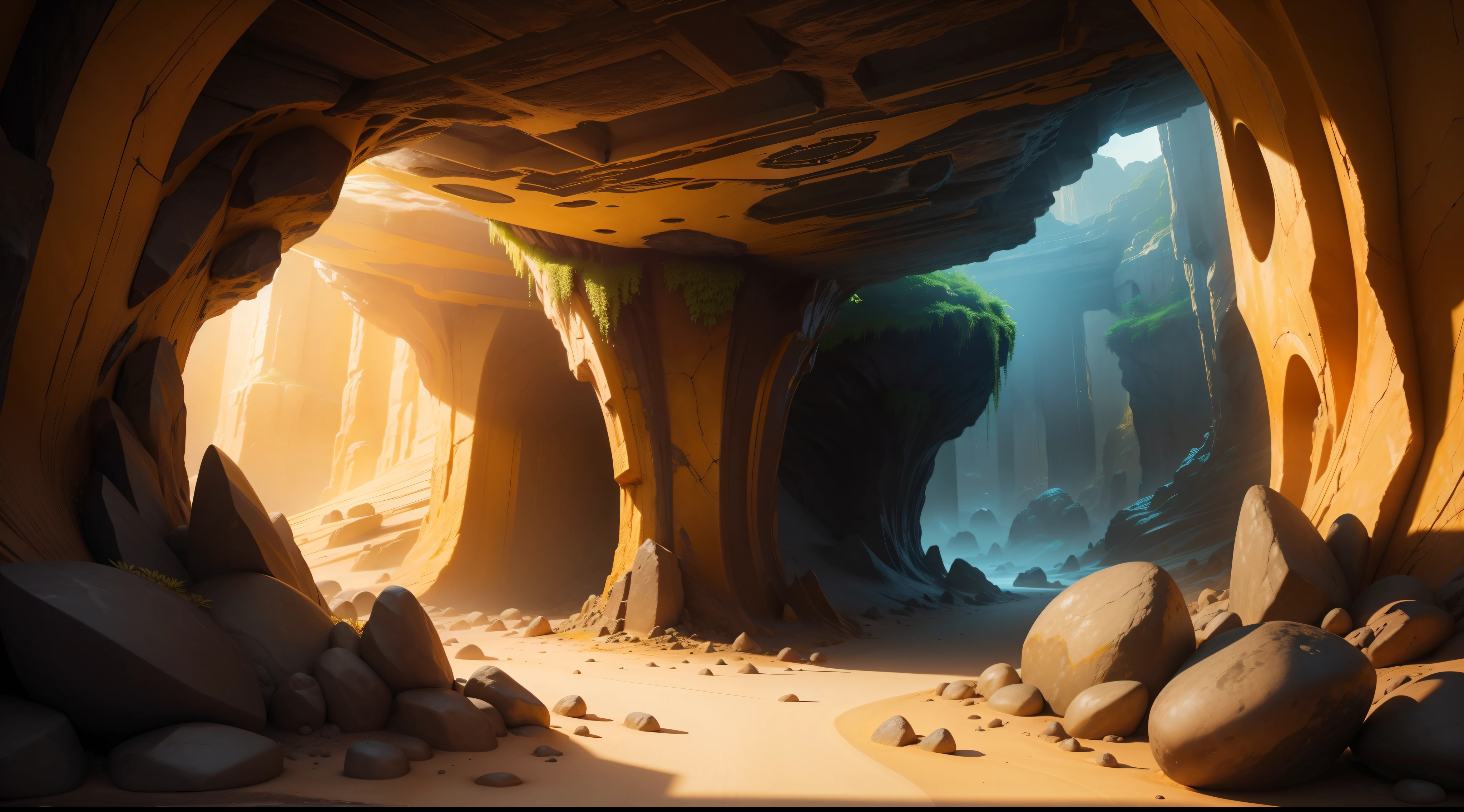 A vibrant, 4K ,underground cave, Intricate details and surreal feel,HD stone,Golden yellow tones